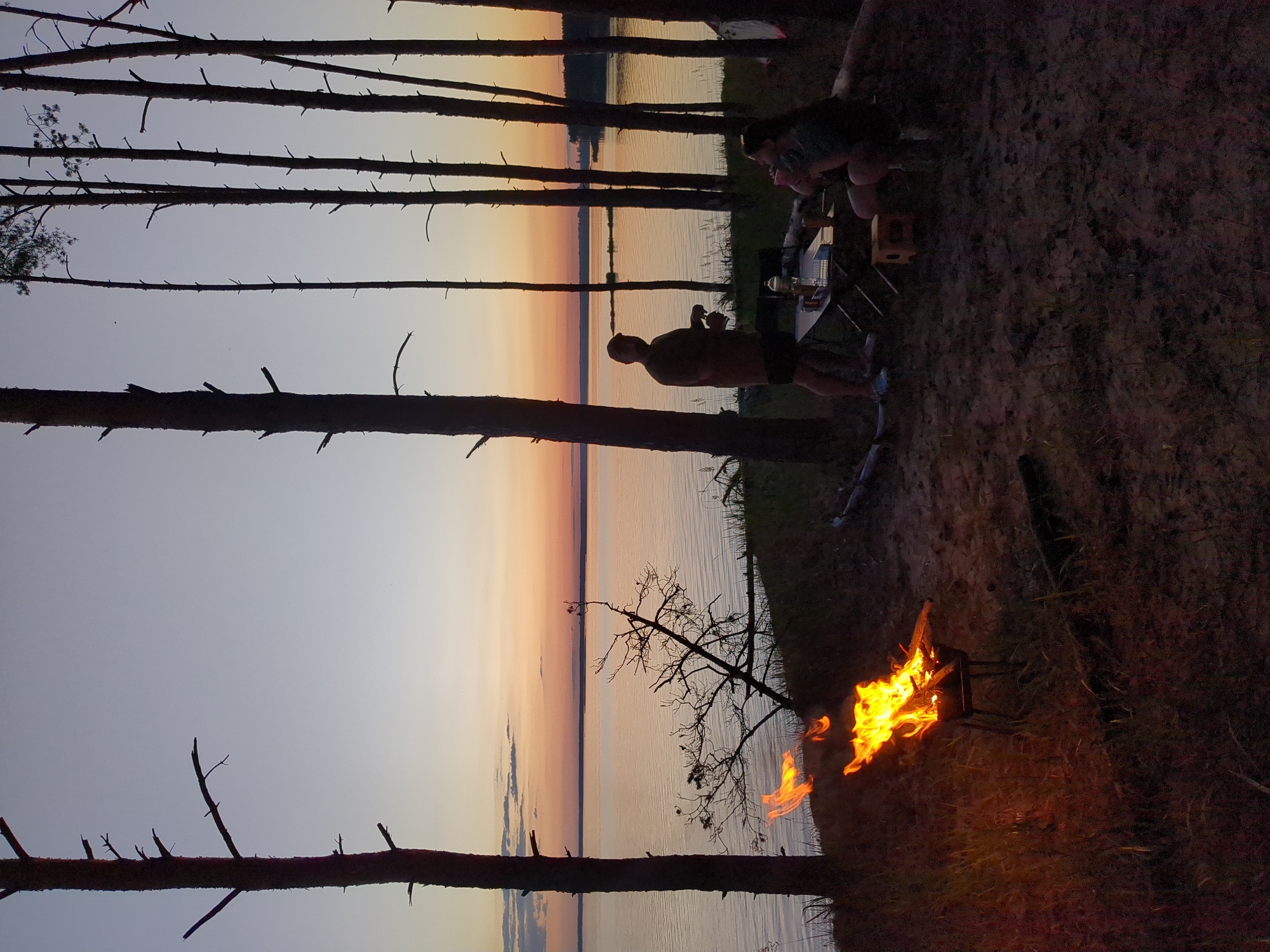 In the city of Pereiaslav, Ukraine, at dusk, a campsite is set up on the shore of a large body of water, likely the Kaniv Reservoir, with a forest of tall, slender pine trees bordering the site. A bonfire burns brightly in the foreground, casting a warm glow on the surrounding grass and sand. In the middle ground, two individuals are present. A man, wearing a cap and shorts, stands near a portable table, holding a container. A woman, seated on a low stool, is also near the table and appears to be drinking from a cup. The table is set with bottles and other items, suggesting a meal or drinks are being prepared or consumed. The sky displays a gradient of twilight colors, with soft oranges and pinks near the horizon transitioning into a pale blue. The overall atmosphere is one of a peaceful outdoor gathering.