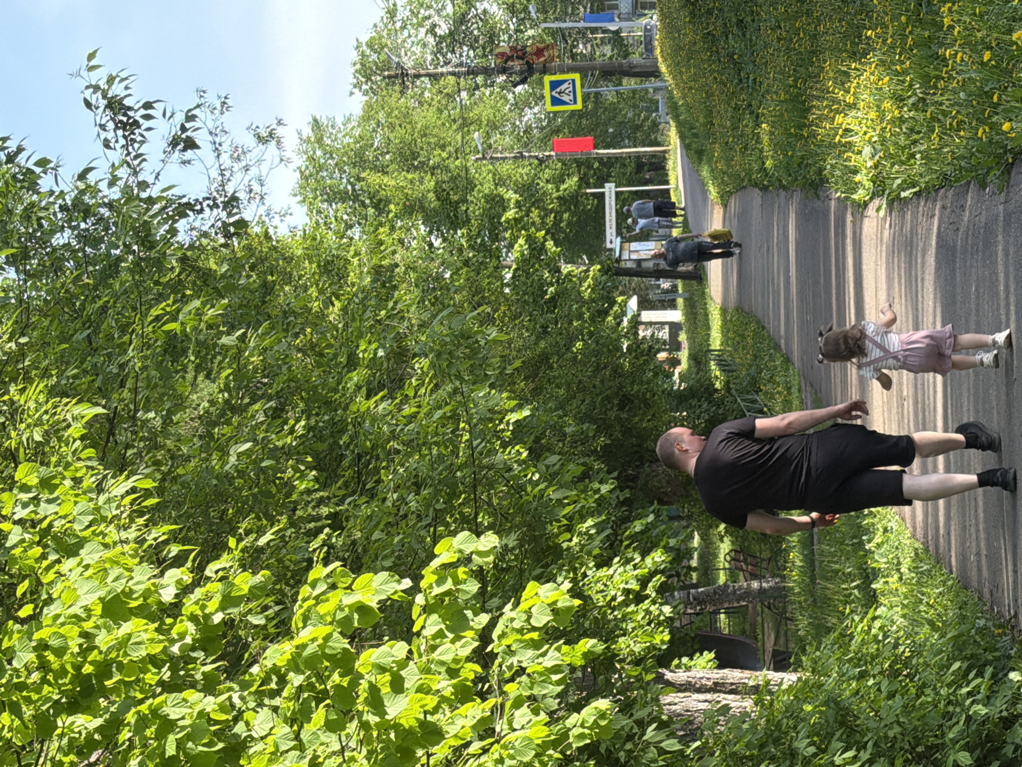 A low-angle outdoor shot shows a paved path curving away in the center right. On the right side of the path is a grassy area with yellow flowers. A man wearing all black walks along the path. Ahead of him, a child wearing a dress walks in the same direction. Further up the path, other figures are visible in the distance. On the left of the path is dense green foliage. A pedestrian crossing sign is visible above the path. Street signs and a red banner hang from utility poles along the path. The location is identified as Reshetnikovo, Russia.