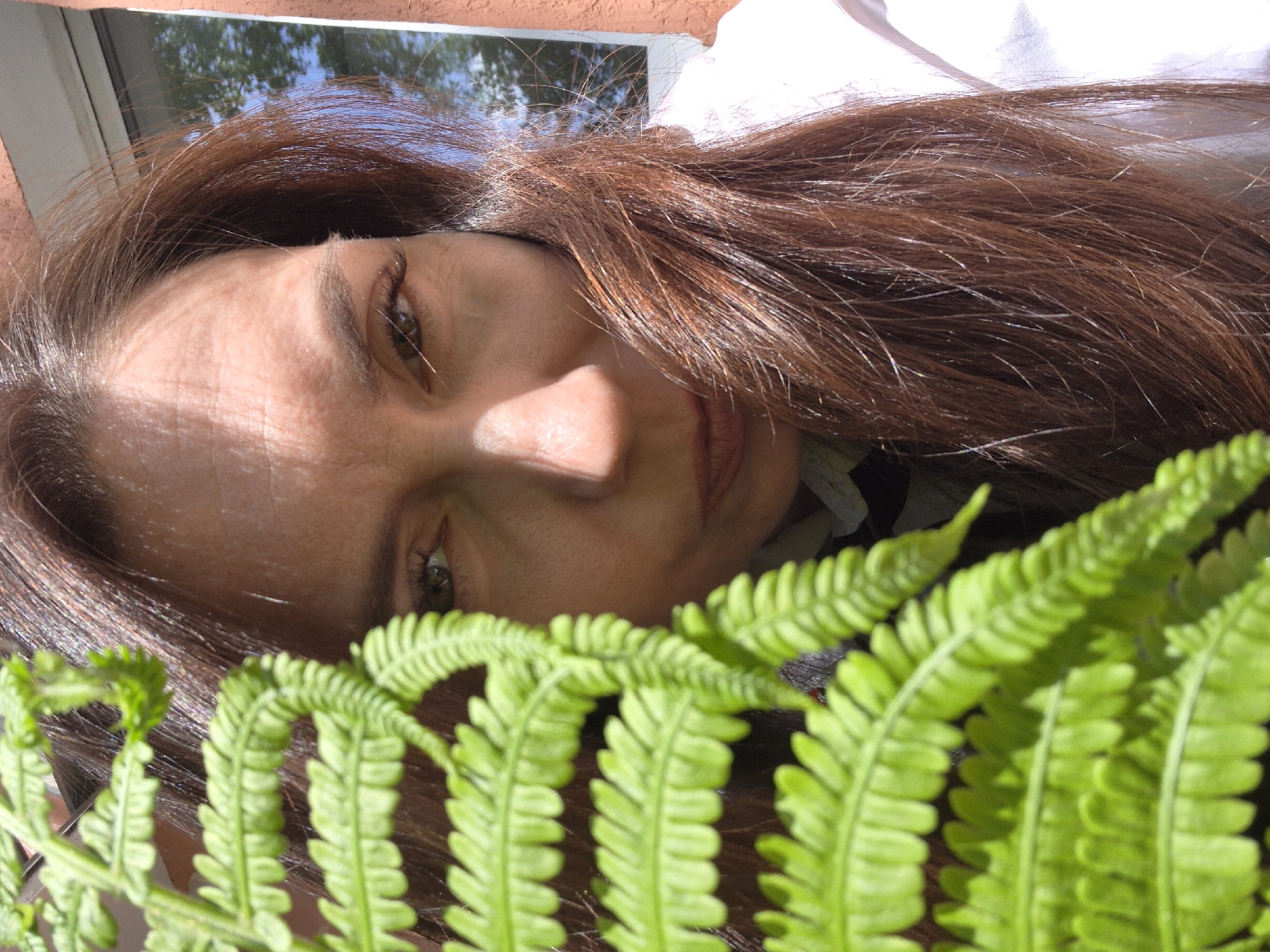 A close-up, slightly angled shot focuses on a woman's face and a fern plant. The woman has brown hair with some lighter streaks, fair skin, and visible wrinkles on her forehead. She is looking towards the camera with a neutral expression. A portion of her white shirt is visible in the background. In the foreground, a bright green fern plant obscures part of her face. A window frame and sky reflections are visible in the background, suggesting an indoor setting. The location appears to be in the city of Unknown, Unknown.