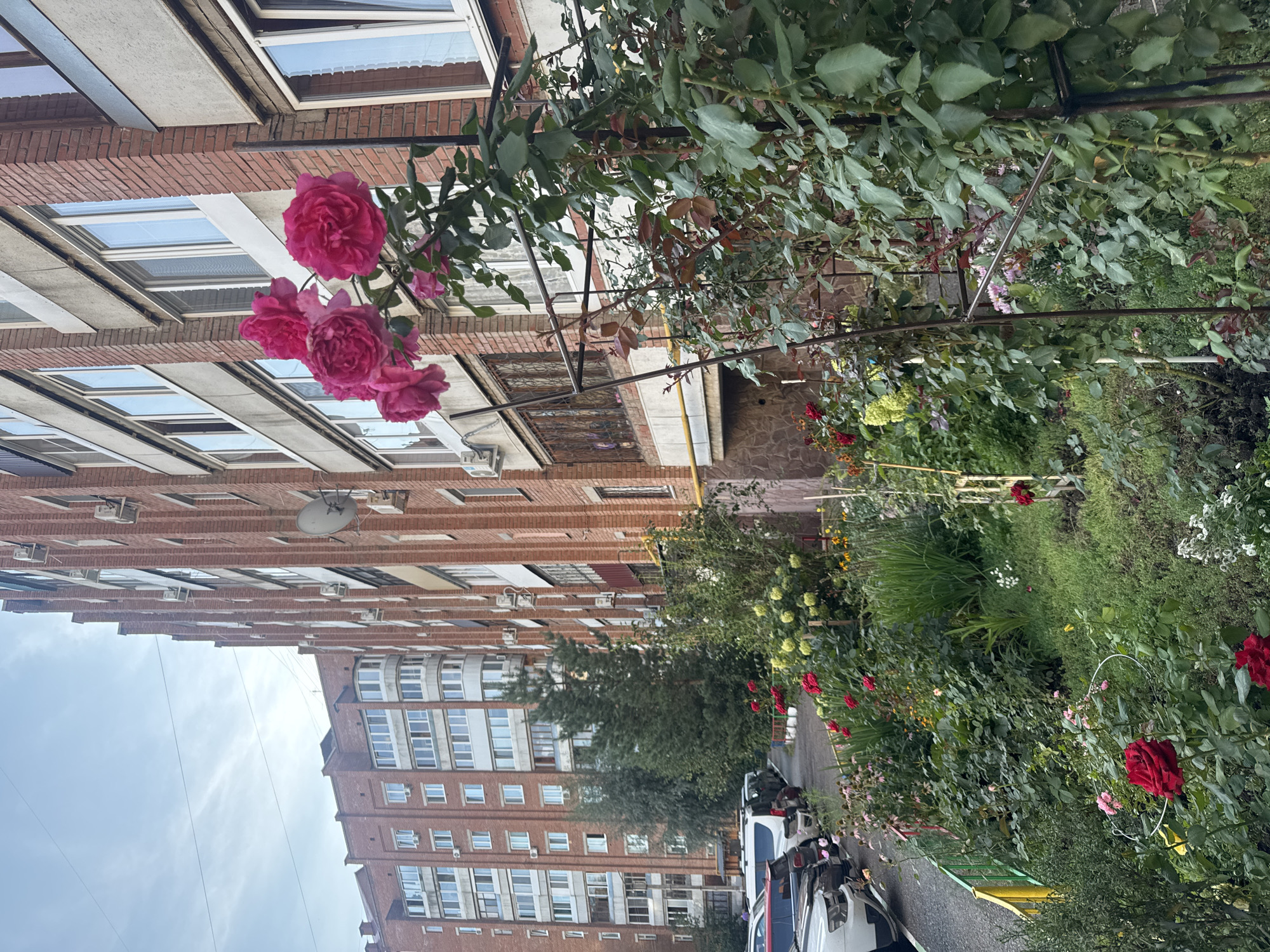 The image shows a residential building with brick facade in Ufa, Russia. In the foreground, a garden with blooming roses and other flowers is visible. Several parked cars are lined up along the side of the building. The sky is overcast, suggesting a cloudy day. There are no people visible in the image.