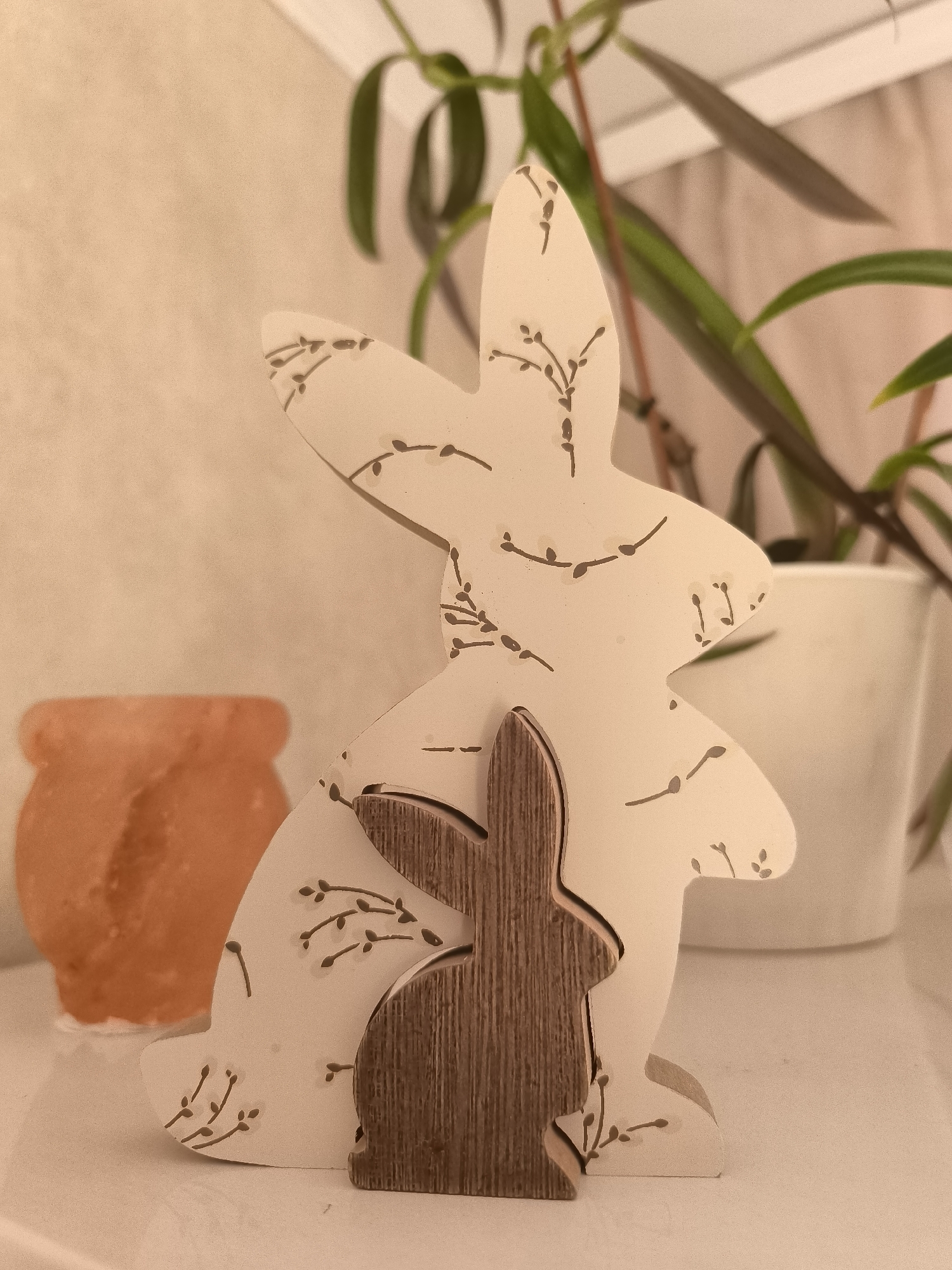 The image shows a decorative display on a white surface, likely a shelf or table. The main subject is a pair of stacked wooden bunny figures. The larger bunny, made of a light-colored material, is decorated with a pattern of thin brown branches and small dots. Nestled within the larger bunny's form is a smaller, dark brown wooden bunny figure, carved with visible wood grain. To the left of the bunnies is a translucent, peach-colored object, possibly a salt lamp, with a rough, crystalline texture. In the background, out of focus, is a potted plant with long, green leaves and reddish stems, situated in a white pot. The backdrop appears to be a textured wall in a neutral, peachy-beige tone. The lighting suggests an indoor setting, with soft shadows cast by the objects. There are no people visible in the image. The scene is devoid of any indicators placing it specifically within the city of Horishni Plavni, Ukraine.