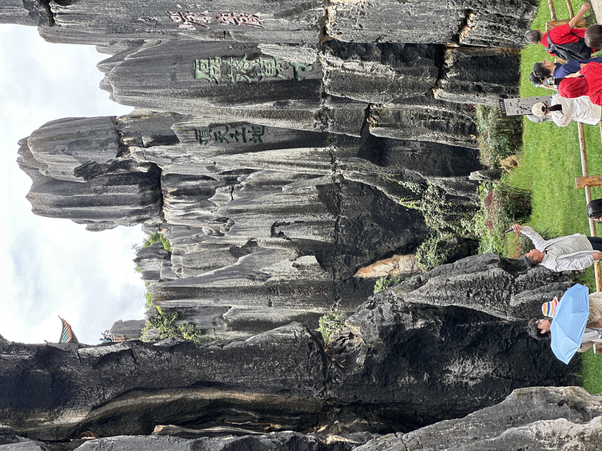 The image depicts a scene within the Stone Forest National Geopark in Kunming, China. The foreground features a group of tourists amidst towering karst formations. One individual on the left is holding a light blue umbrella, partially obscuring another person wearing a colorful hat. A man in the center is looking upwards and holding a mobile phone as if taking a photograph or video. In the background, more tourists are visible, some wearing hats and backpacks. The environment is characterized by a lush green grassy area and dense, jagged limestone pillars that dominate the landscape. Some of the rock formations have inscriptions carved into them, visible in the middle ground. The sky above is overcast. A traditional Chinese architectural element with a green and red tiled roof is perched on a rock formation in the upper left quadrant of the image.