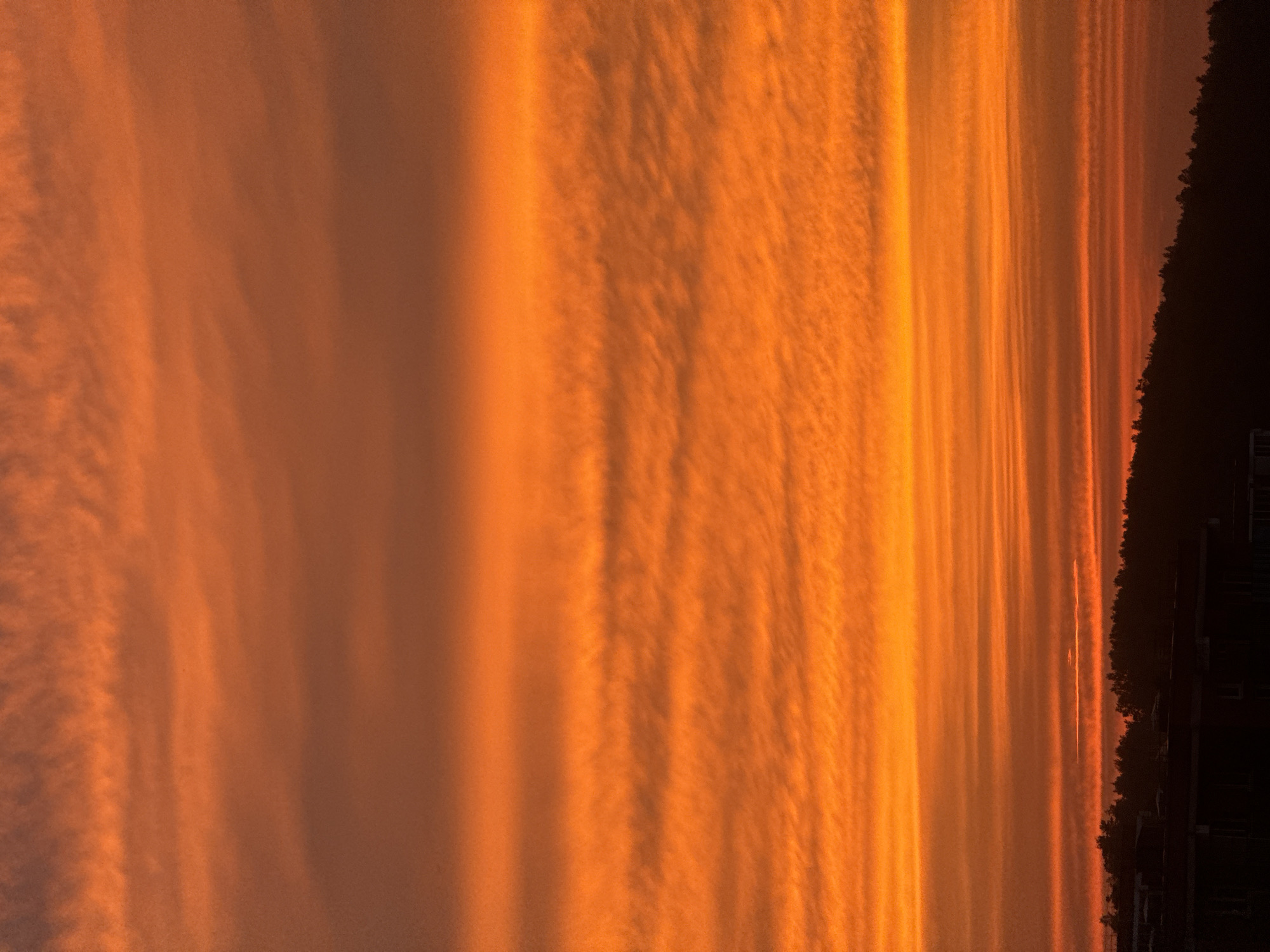 This media file depicts a dramatic sunset over a body of water, likely a river or lake, in Markova, Russia. The sky is filled with vibrant orange and yellow hues, with distinct, vertical cloud formations that create a striped effect. These clouds are thin and wispy, illuminated by the setting sun, which casts long shadows and highlights the textures within the sky.
On the right side of the frame, a dark, silhouetted treeline runs along the horizon, suggesting a natural landscape. Below the treeline, some man-made structures, possibly buildings or houses, are visible as dark shapes, indicating a settlement or populated area near the water. The water itself appears calm, reflecting the colors of the sky, although the reflection is not perfectly clear due to the textures in the clouds.
The time of day is clearly sunset, indicated by the intense orange and yellow colors and the long, softened light. The weather appears to be clear with some cloud cover, contributing to the spectacular visual display. The overall mood evoked by the image is one of awe and tranquility, with the vastness of the sky and the rich colors creating a sense of natural beauty. There is no visible text in the image.