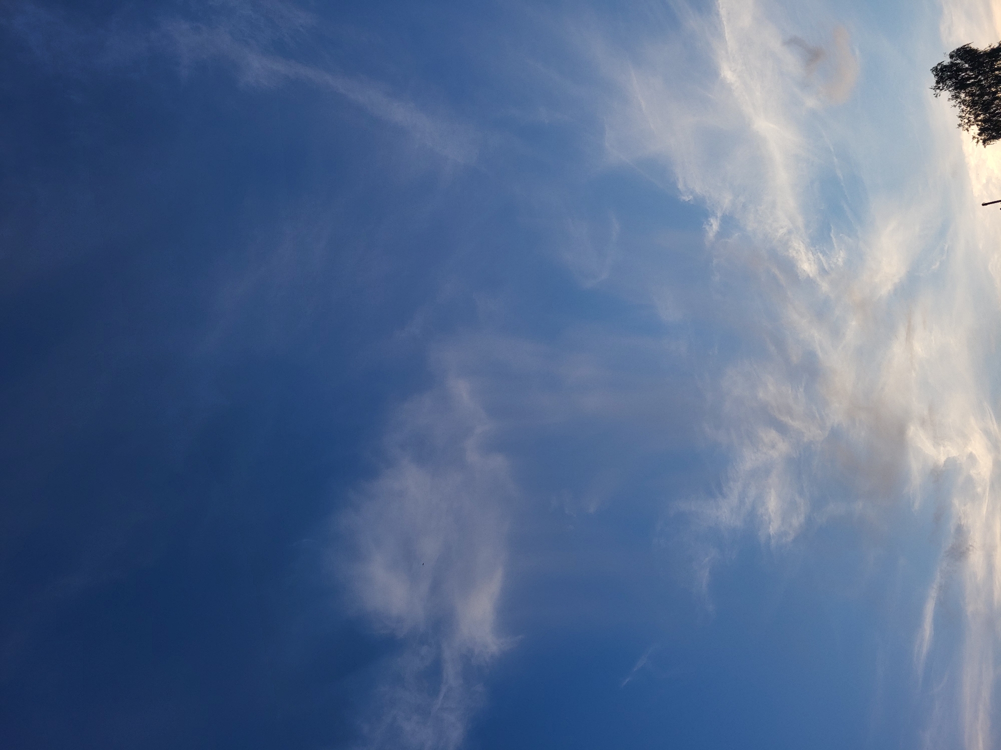 The image shows a broad view of a clear blue sky with scattered wispy clouds. A few thin, white clouds streak across the upper portion of the image, with larger, more diffuse clouds present in the lower half. In the bottom right corner, the silhouette of a leafy tree is visible against a bright, possibly sunset-lit sky. The overall impression is one of an open, outdoor scene, likely taken during daylight hours. The location is identified as Unknown, Unknown.