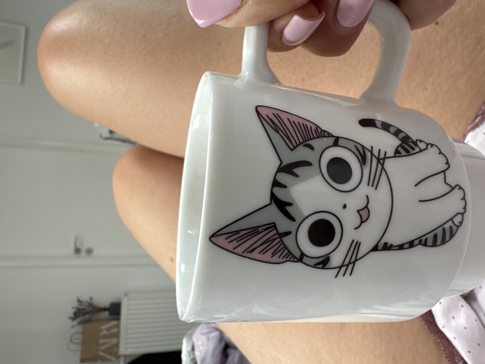 A close-up shot features a white ceramic mug with a cartoon cat design, held by a person's hand with light pink painted nails. The mug is positioned in the foreground, obscuring a portion of the person's legs, which appear to be bare and are peeking out from under some fabric. The background is blurry but suggests an indoor setting, possibly a bedroom, with a white door and a radiator visible. A shopping bag with the "ZARA" logo and a small vase with dried flowers are also discernible in the background, placed on top of the radiator. The overall lighting is soft and diffused, suggesting an ambient indoor environment. This scene does not provide any specific information to place it within the city of Katowice, Poland.