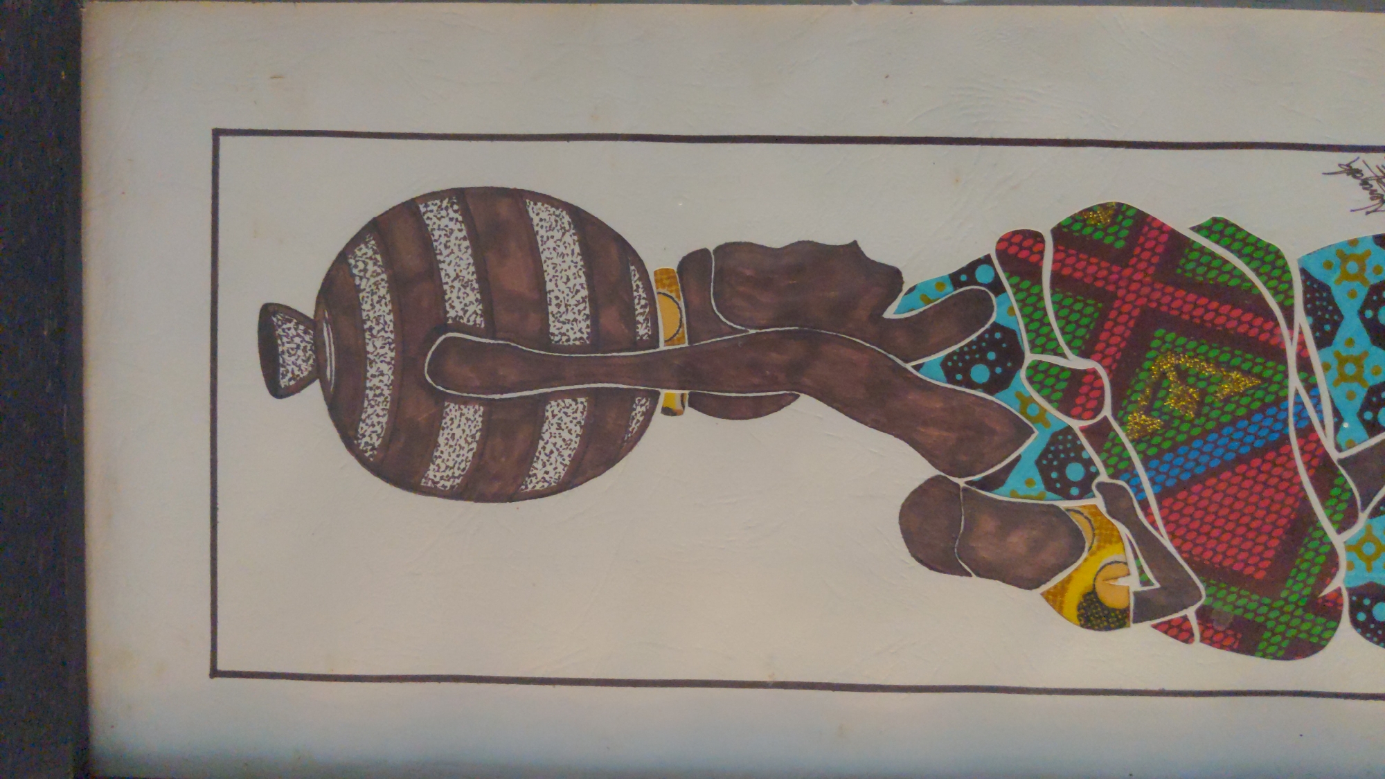 The image depicts a painting or drawing of a figure, possibly African, holding a decorated gourd. The figure has dark brown skin and wears patterned clothing with various colors including red, green, blue, and yellow. The gourd is striped with brown and white. The art is framed with a simple brown border. The exact location within Ado, Nigeria is not discernible.