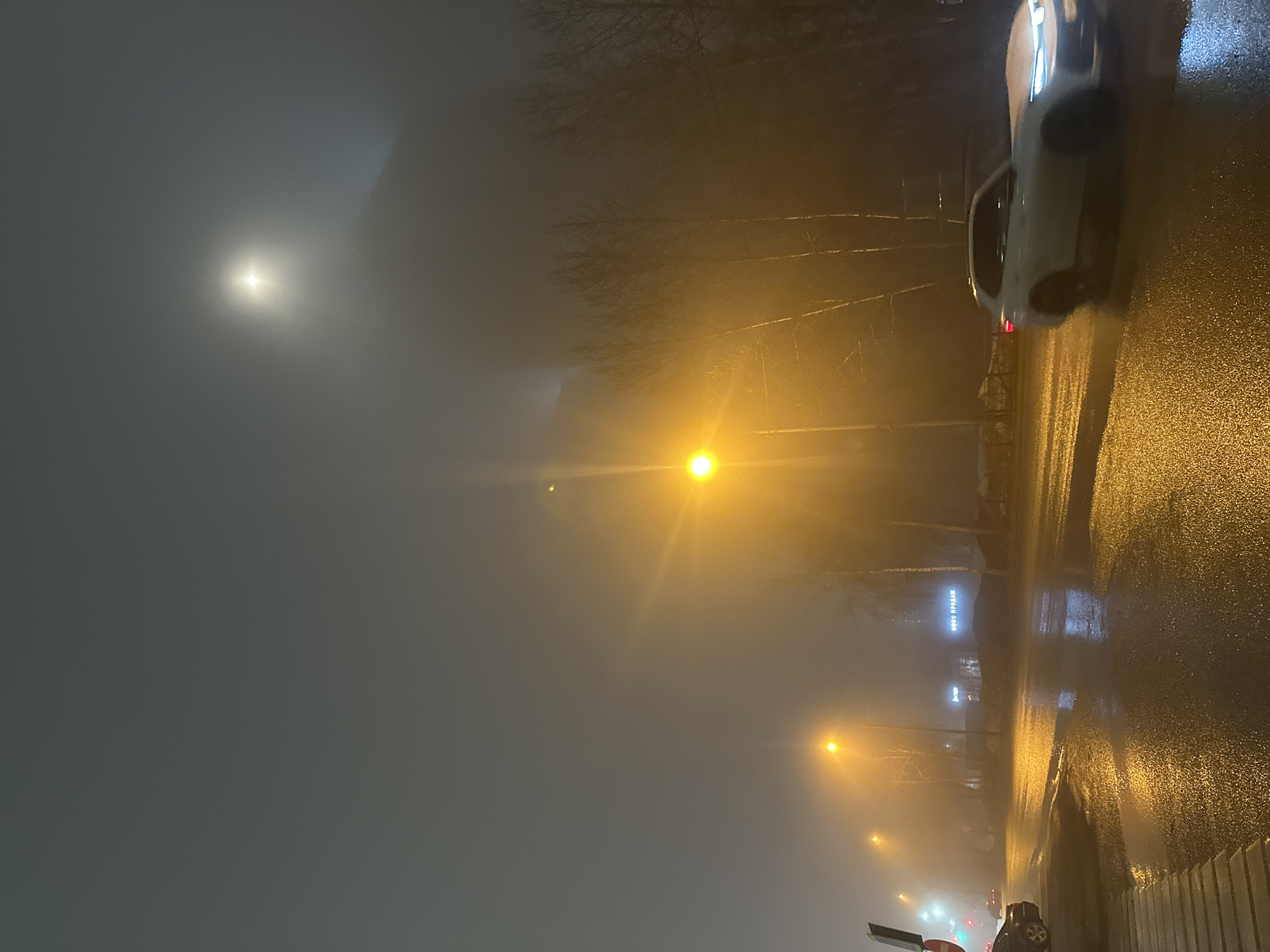This image captures a nighttime urban scene in Kazan, Russia, characterized by heavy fog and wet road conditions. The environment is dominated by thick fog, obscuring the sky except for a bright, diffused light source, likely the moon or a strong distant light, visible high in the center-right.
Multiple streetlights emit intense yellow-orange light, creating prominent halos due to the atmospheric diffusion. The asphalt road surface is wet and highly reflective, indicating recent precipitation, with visible puddles mirroring the light sources. Bare deciduous trees with thin branches line the right side of the road, their silhouettes partially visible through the fog. Piles of what appears to be snow or cleared material are discernible behind the trees on the far right.
On the left side of the frame, a concrete sidewalk with a textured surface is visible. A dark-colored sedan is partially visible on the far left, stopped or parked near an intersection where a traffic light pole with a red signal is present.
On the right side of the road, a light-colored (white or silver) SUV or crossover vehicle is in motion, heading away from the viewer. Its headlights emit a blueish-white light, contrasting with the warm streetlights, and its form is slightly blurred due to motion.
Across the street, through the fog, outlines of buildings are visible. One building prominently displays illuminated Cyrillic text "ДВЕРИ ПРОДАЖ" (DOORS SALES), and another sign to its left, possibly "АВТО-ШТОРЫ" (AUTO BLINDS), is also present. No individuals are visible in the scene.