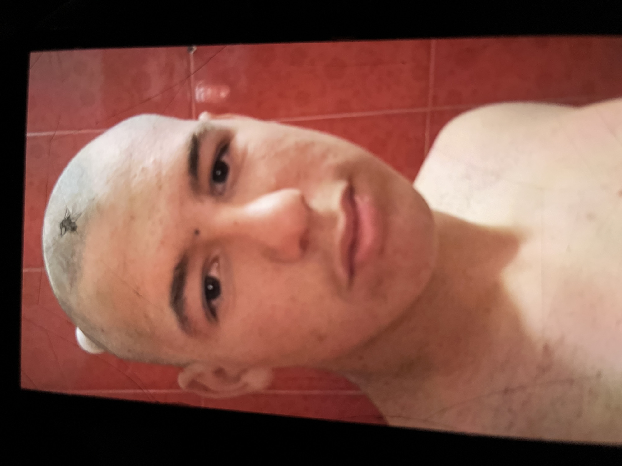 A person with a shaved head is lying down against a reddish-brown tiled wall. A small insect is visible on the upper-left portion of the person's head. The location is unknown.