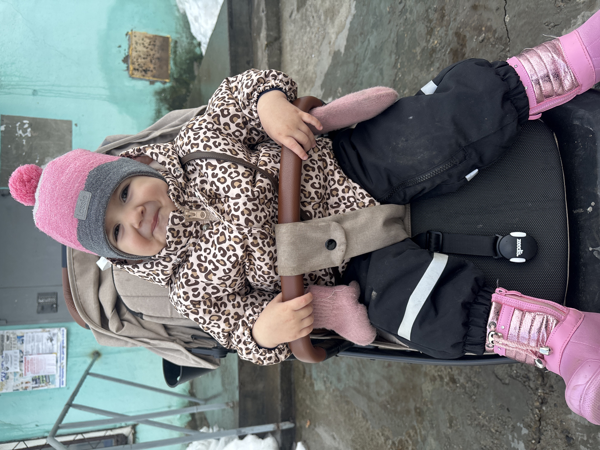 A young child is centrally positioned, seated in a beige-colored stroller with a brown bumper bar, facing the viewer with a broad smile. The child wears a pink and grey knitted beanie with a pink pom-pom (brand 'Lassie' visible on a grey tag), a brown and black leopard-print hooded winter jacket, black winter overalls with white reflective stripes on the legs, and shiny pink winter boots. Pink knitted mittens are partially visible on the child's hands. A 'zeeclis' branded buckle secures the child in the stroller.
The background features a worn light-turquoise building wall. On the wall, to the left of the child, is a bulletin board with several white papers displaying Cyrillic text, above a grey metal railing. To the right, a grey intercom or door entry system is mounted, and further right, a weathered, rectangular metal fixture is visible. The ground is dark, wet, and shows patches of melting snow. This scene is situated in Chaikovsky, Russia.