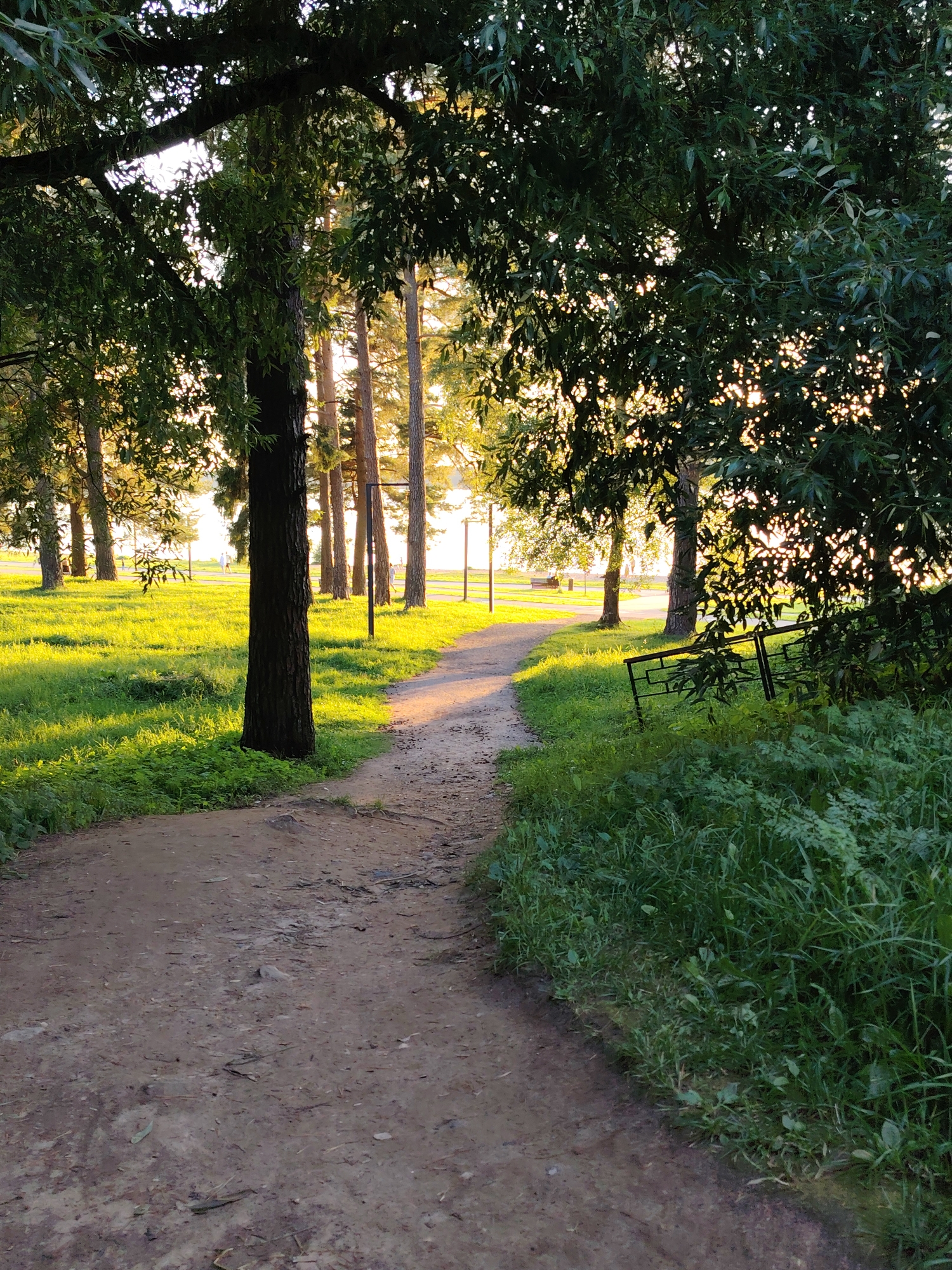 The image depicts a dirt path curving through a park in Konakovo, Russia. Tall trees with lush green foliage line the path, with the sun filtering through the leaves, creating dappled light on the ground. The grass alongside the path is vibrant green and appears well-maintained. In the background, several more trees stand in a row, and beyond them, a body of water is visible, reflecting the warm glow of the setting sun. A few people are seen walking in the distance, adding a sense of gentle activity to the serene landscape. A black metal bench is positioned on the right side of the path. The overall impression is one of a peaceful, sunlit park scene.