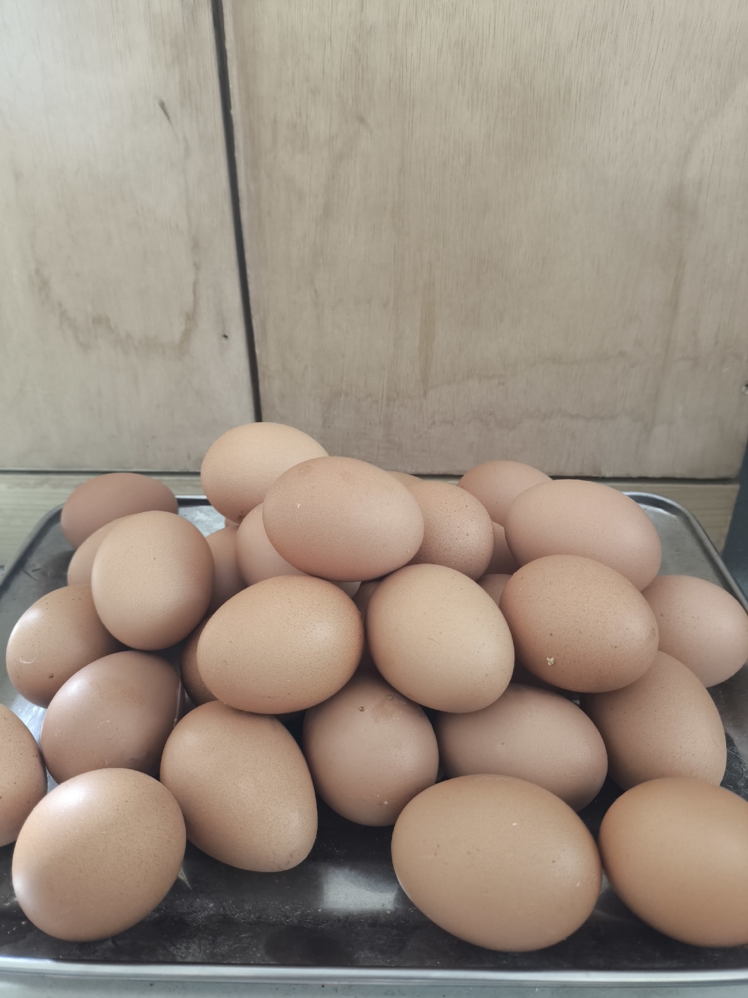 A tray of brown eggs is placed on a surface against a light-colored wooden background. The eggs are piled up, with some in focus and others slightly blurred. The wooden background appears to be made of planks with visible grain and some subtle staining. The overall lighting suggests an indoor setting, likely a kitchen or pantry. The location in Jenu, Indonesia, is not discernible from the visual information provided in the image.