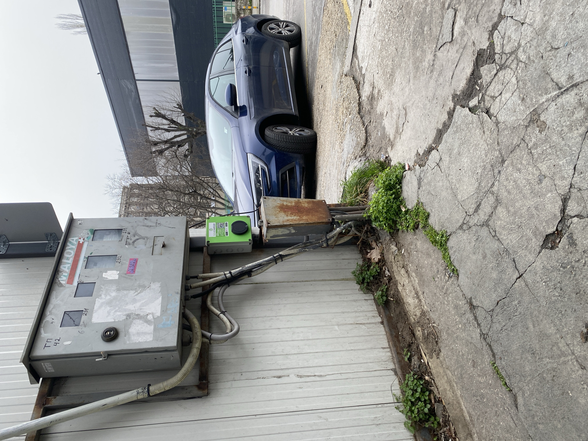 The image depicts a street scene in what is presumed to be Varna, Bulgaria. A blue car is parked close to an electrical box affixed to a building. The electrical box is gray and displays the word "MALOYA". Cables and conduits run from the box towards the ground and along the building. A green device is mounted next to the electrical box. The ground is cracked and vegetation is growing near the edge of the concrete. Bare trees are visible in the background. The sky appears overcast. The scene includes no people.