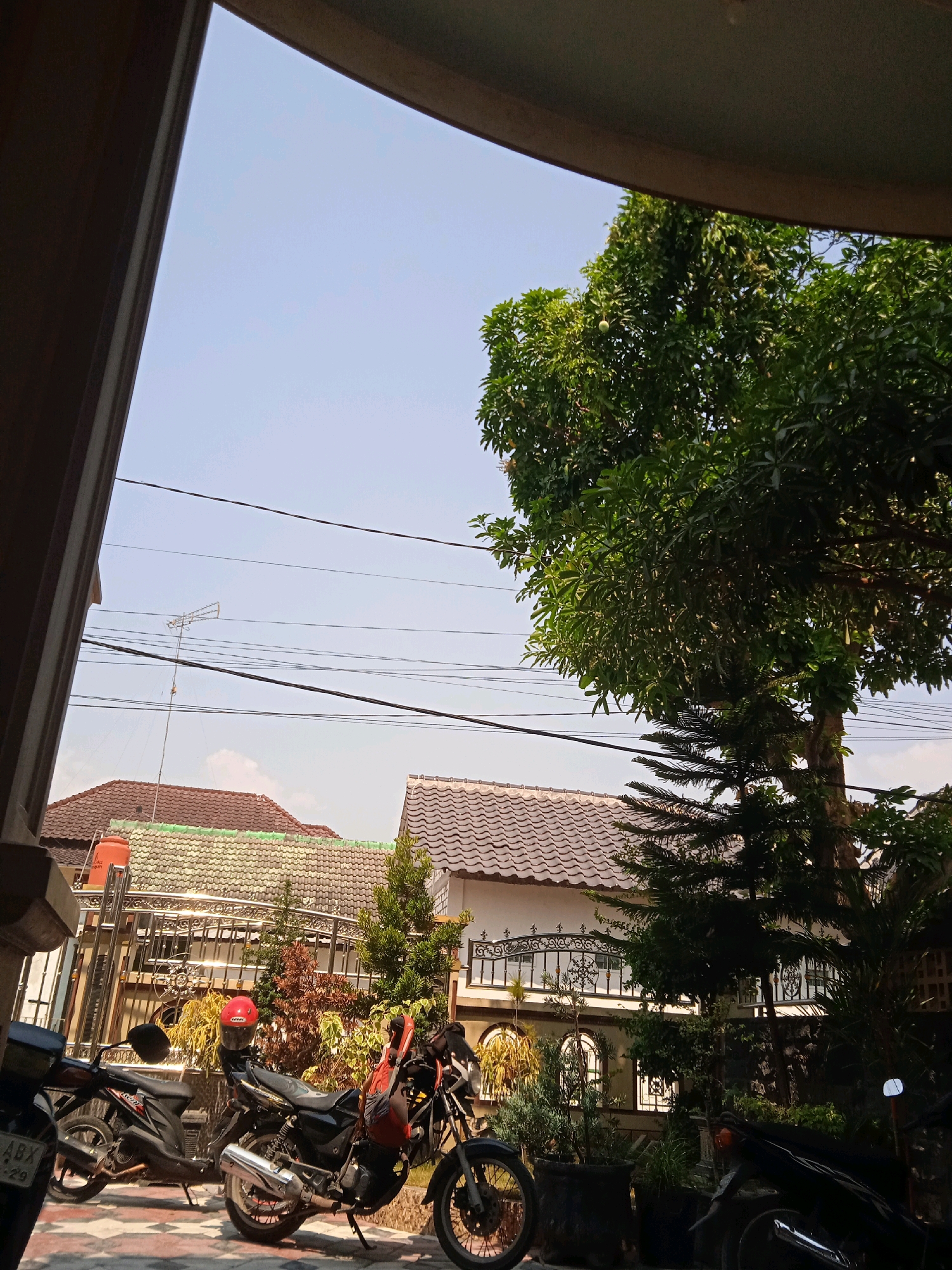 The image depicts a street scene in the city of Tapelan, Indonesia, on a clear day. The foreground is dominated by several parked motorcycles. A black motorcycle with a red helmet on its seat is positioned in the center, facing left. To its left, another black motorcycle is parked, with a license plate visible. To the right of the central motorcycle, a third black motorcycle is partially visible, with a red bag slung over its handlebars. The motorcycles are parked on a tiled surface.
In the background, residential buildings with tiled roofs are visible. A prominent element is a large, leafy tree with some fruit on it, partially obscuring the sky. Another conifer tree stands next to it. Electrical wires crisscross the sky above the houses. A television antenna is also visible on a pole. The overall impression is a typical residential area in Indonesia.
