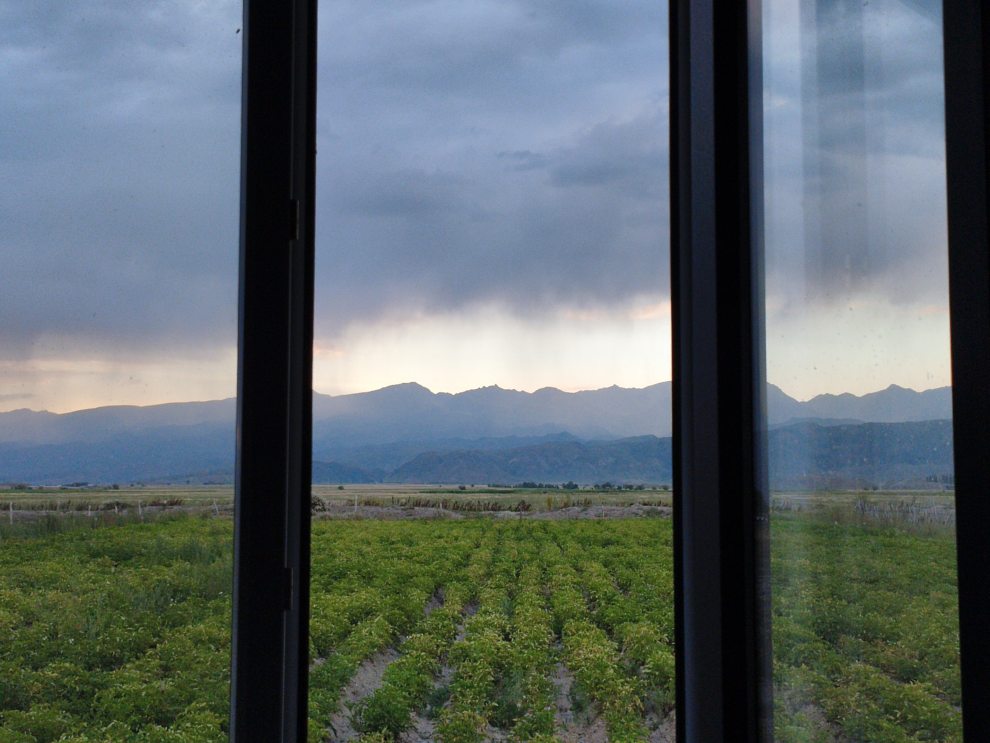A wide shot, through a window with thick dark frames, reveals a rural landscape under a cloudy sky. In the foreground, rows of green crops stretch across the frame, divided by sandy soil. Beyond the crops, a flat plain extends towards a range of distant, blue mountains. The sky is overcast with dark gray clouds, with a faint glow of light near the horizon. The window frames are dark and opaque, obscuring any interior details.