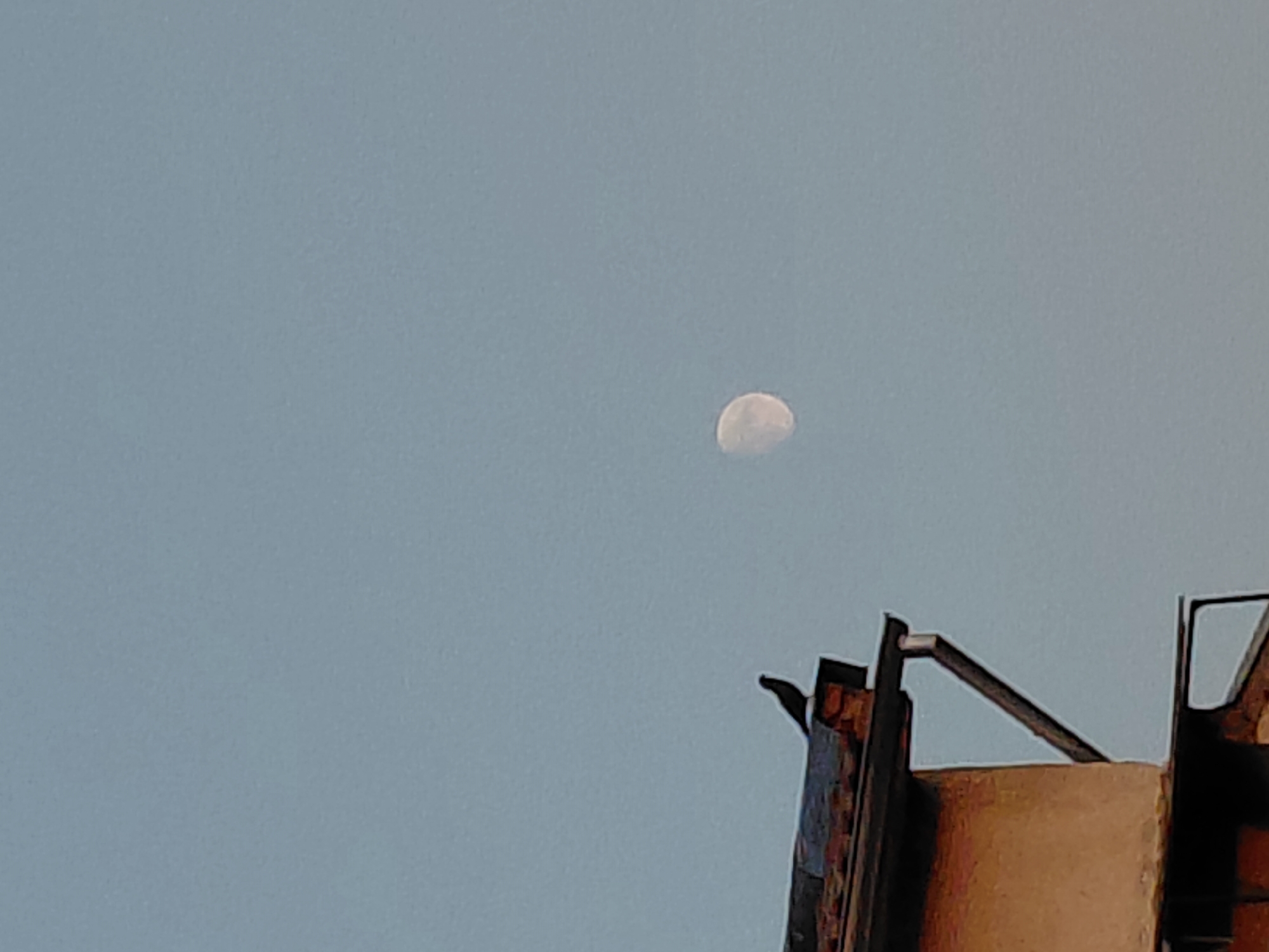 The image depicts a portion of a building's roof and gutter system against a pale blue sky. A single black bird is perched on the edge of the roof. In the distance, a crescent moon is visible in the sky. The building appears to be made of concrete and brick, with some visible discoloration and aging. The roof is tiled with what appear to be red tiles. The gutter is made of metal. The lighting suggests it may be late afternoon or early morning. No specific landmarks identifying the city of Pleven, Bulgaria, are present in the image.