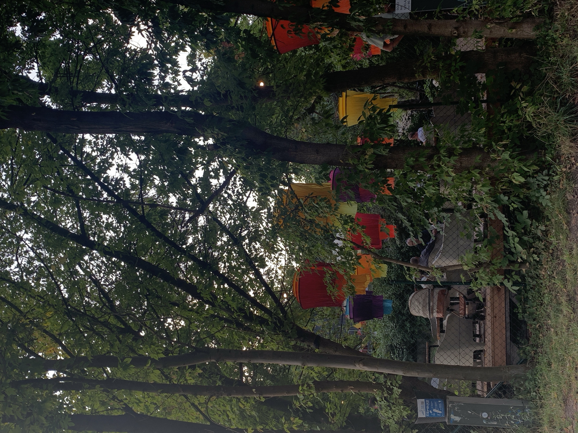 The image depicts an outdoor seating area with a rustic, bohemian aesthetic, situated within a lush, green environment that suggests a park or garden setting. Hanging from trees are colorful, fabric lanterns in shades of red, orange, yellow, purple, and blue, creating a festive atmosphere. The seating area consists of wooden decking with several clusters of chairs and tables. Some of the chairs appear to be made of a light-colored, possibly plastic or resin material, with an open, woven design.
In the foreground, a metallic green utility box or cabinet stands to the left, with a blue and white sign attached. Next to it, a dark brown fence encloses the seating area. Several trees with dense green foliage dominate the scene, with their branches extending across the frame and partially obscuring the sky, which is overcast. The lighting suggests it is either early morning or late afternoon.
Within the seating area, several people are visible. To the left, a person is seated at one of the tables. In the center, there is a wicker basket-like object on wheels, resembling a vintage pram or a large basket. To the right, a person wearing a light-colored shirt is partially visible, standing near a tree. The overall impression is a relaxed and inviting outdoor space decorated with vibrant elements, blending natural surroundings with artistic touches. The provided context indicates this scene is located in the city of Poznan, Poland.