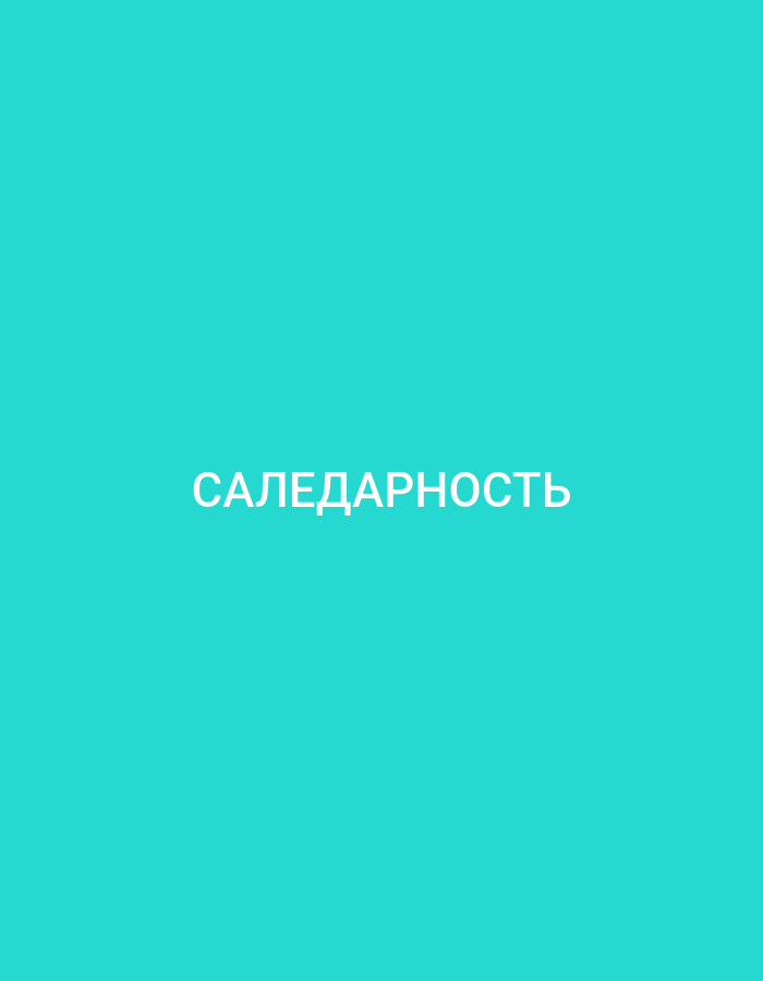 The image displays the word "САЛЕДАРНОСТЬ" in white, bold, sans-serif lettering centered horizontally on a solid, vibrant cyan background. The text appears to be a Russian word. There are no other discernible objects, people, or environmental features present in the image.