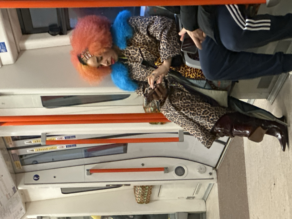 Inside a train, a person with a vibrant orange afro and a headband is wearing a leopard-print coat with a blue fur collar, paired with shiny brown knee-high boots. They are seated, possibly sleeping, next to another person wearing dark pants with white stripes. The interior of the train features white walls with orange handrails and windows. A wicker basket is mounted on the wall.
