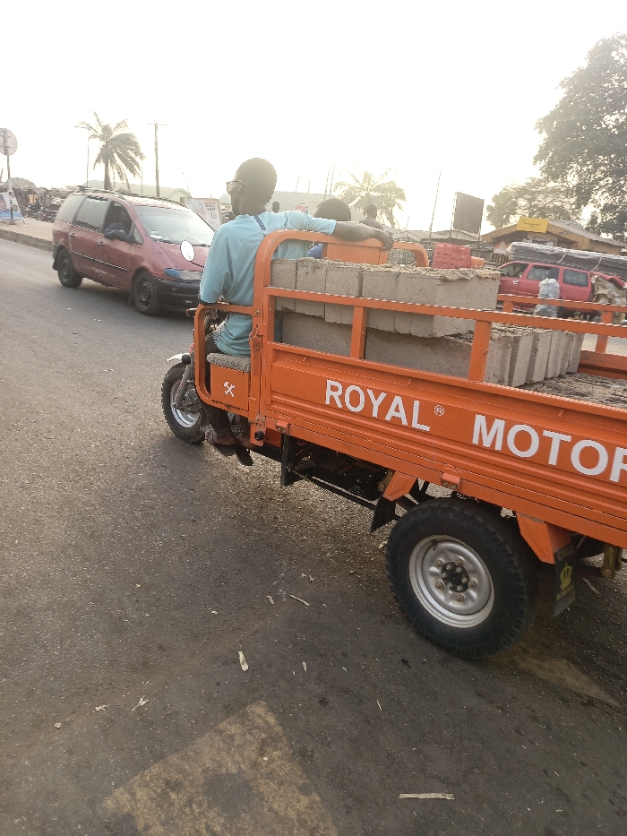 An orange three-wheeled vehicle, labeled "ROYAL MOTORS," carries concrete blocks. A person in a blue shirt sits in the driver's seat. A red minivan is nearby. The scene is on an asphalt road with additional vehicles and buildings in the background. Overhead, a hazy sky and palm trees add to the setting.