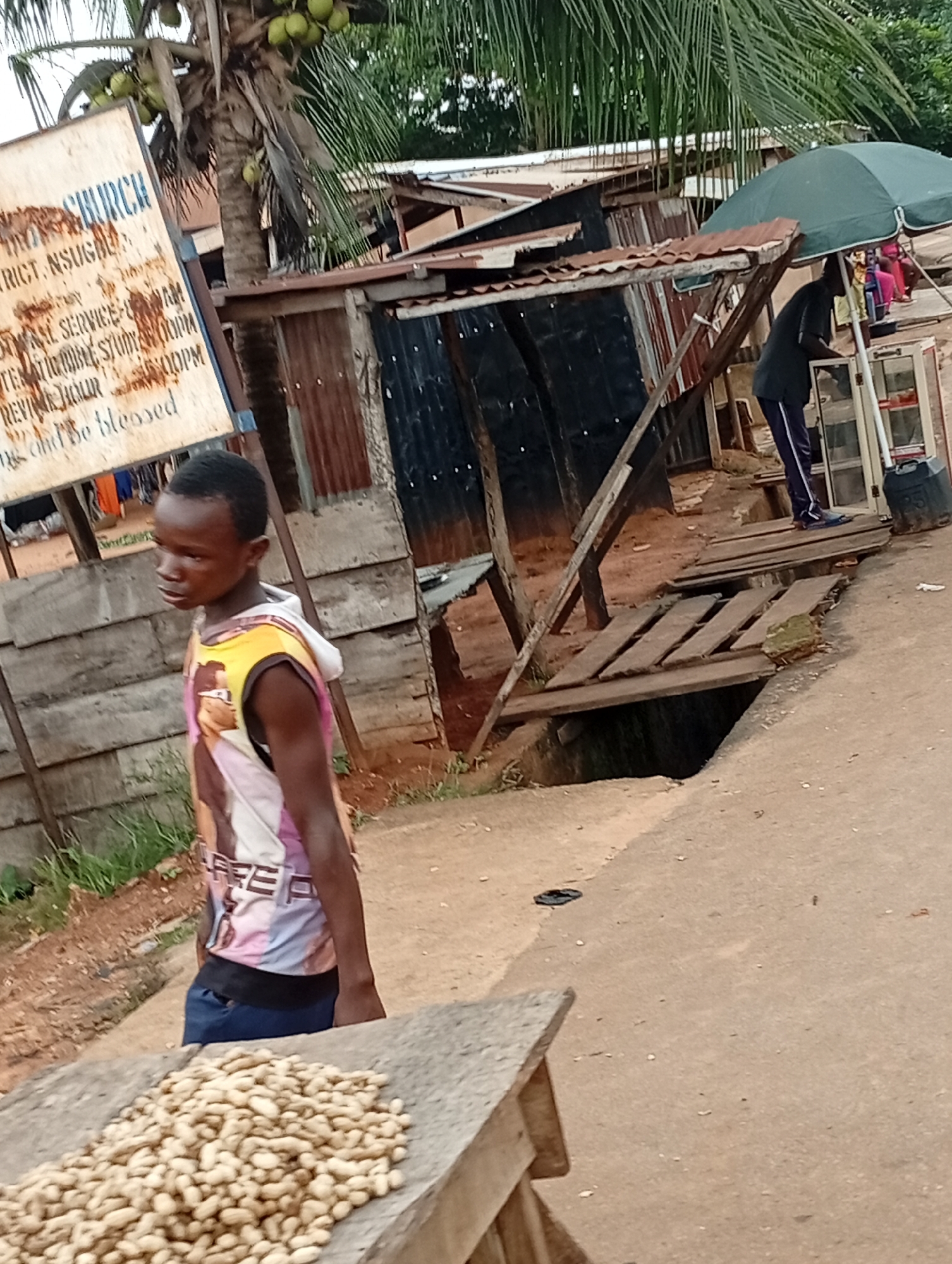 The image depicts an outdoor scene in Nsugbe, Nigeria. In the foreground, a young boy with short hair stands looking to his left, wearing a sleeveless shirt with a colorful graphic print and blue jeans. In front of him, a wooden surface displays a pile of peanuts. Behind the boy, a rustic wooden structure with a corrugated metal roof is visible, and to the right, a green umbrella shades a stall. A person wearing dark clothing and blue pants stands near the stall. A wooden plank bridge crosses a ditch in the middle ground, and a signpost with text in English can be seen to the left. Coconut trees are present in the background. The ground is a mix of dirt and asphalt.