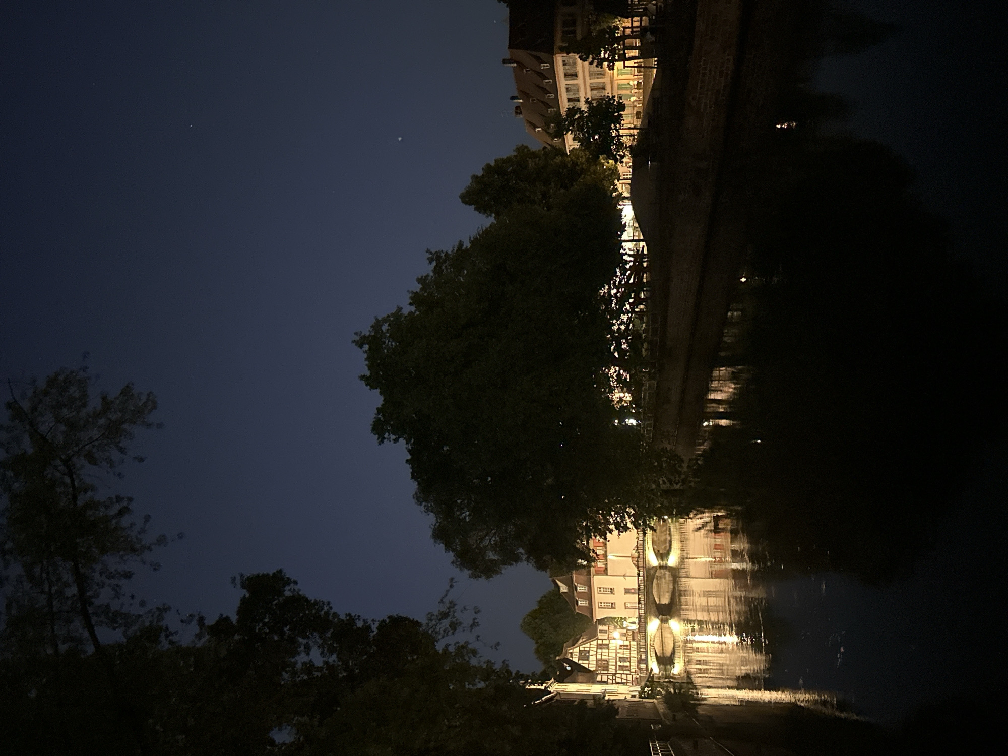 The image shows a night scene in Strasbourg, France, specifically the Petite France area. A canal runs through the scene, reflecting the lights of the half-timbered houses and bridges. The sky is dark with a few visible stars. The trees line the canal and bridge. The water in the canal is dark.