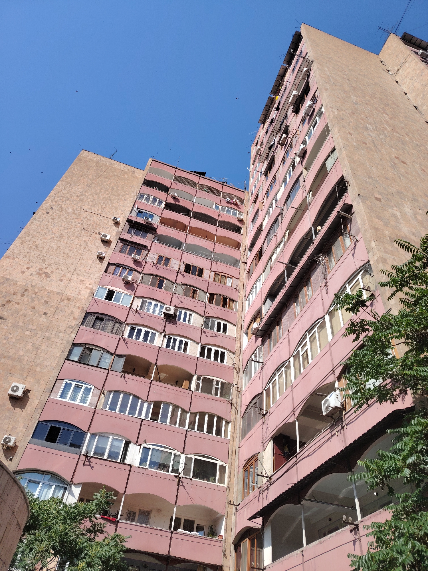 The image shows a tall, multi-story apartment building with a pink facade, located in Yerevan, Armenia. The building is viewed from a low angle, looking upwards towards the clear blue sky, with several birds visible in flight. The building features numerous balconies with decorative railings and arched openings, as well as many windows of various shapes and sizes. Several air conditioning units are mounted on the exterior walls. To the left of the pink building, another section of the apartment complex is visible, constructed with a light brown, textured material. Lush green trees partially obscure the lower sections of the building on the right side of the frame. The scene suggests a residential urban environment.