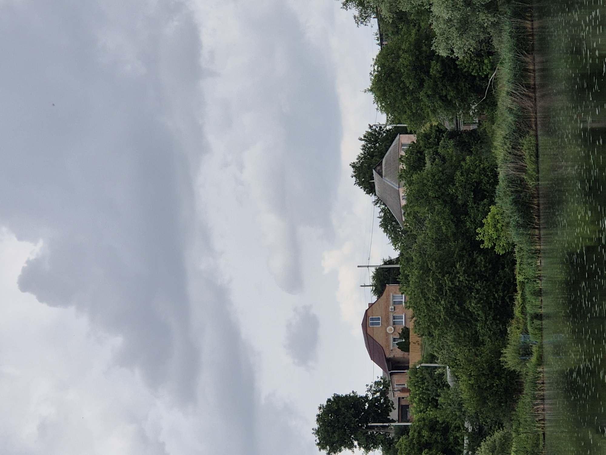 The image shows a waterfront scene with houses on a hill under a cloudy sky in Sozonivka, Ukraine. In the foreground, a body of water reflects the overcast sky. The middle ground is dominated by dense green foliage, reeds, and trees lining the water's edge. Behind the vegetation, several houses are visible on the elevated terrain. One house in the center is a brick building with a pitched brown roof, multiple windows, and a satellite dish. To its left, another building with a dark roof and windows is partially obscured. Further to the right, a lighter-colored, gabled house is visible amidst the trees. The background is filled with a dramatic, grey, cloudy sky. There are no people visible in the image.