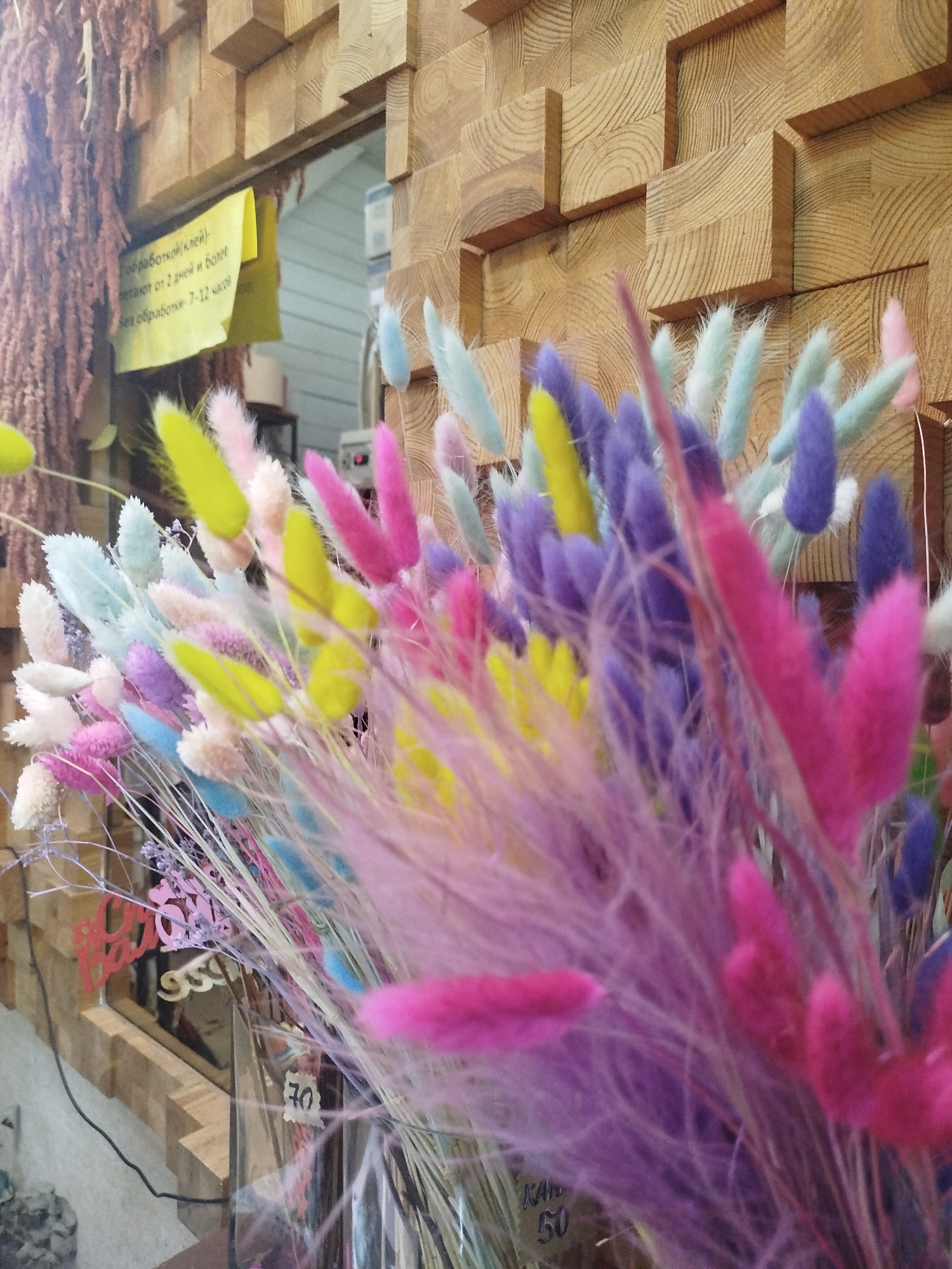Here is a detailed description of the image:
The image showcases an assortment of vibrant, fluffy flower stalks in a variety of pastel shades, including pink, purple, yellow, and blue. These flower stalks are the primary focal point of the image and are densely grouped together.
Behind the flowers, a wall constructed of wooden blocks is visible. A yellow sign with some Russian text can also be seen. Additionally, there are price tags visible on the stems of the flowers. The environment suggests that this photo was taken in a shop, likely a flower shop or boutique. The city and location are unknown.