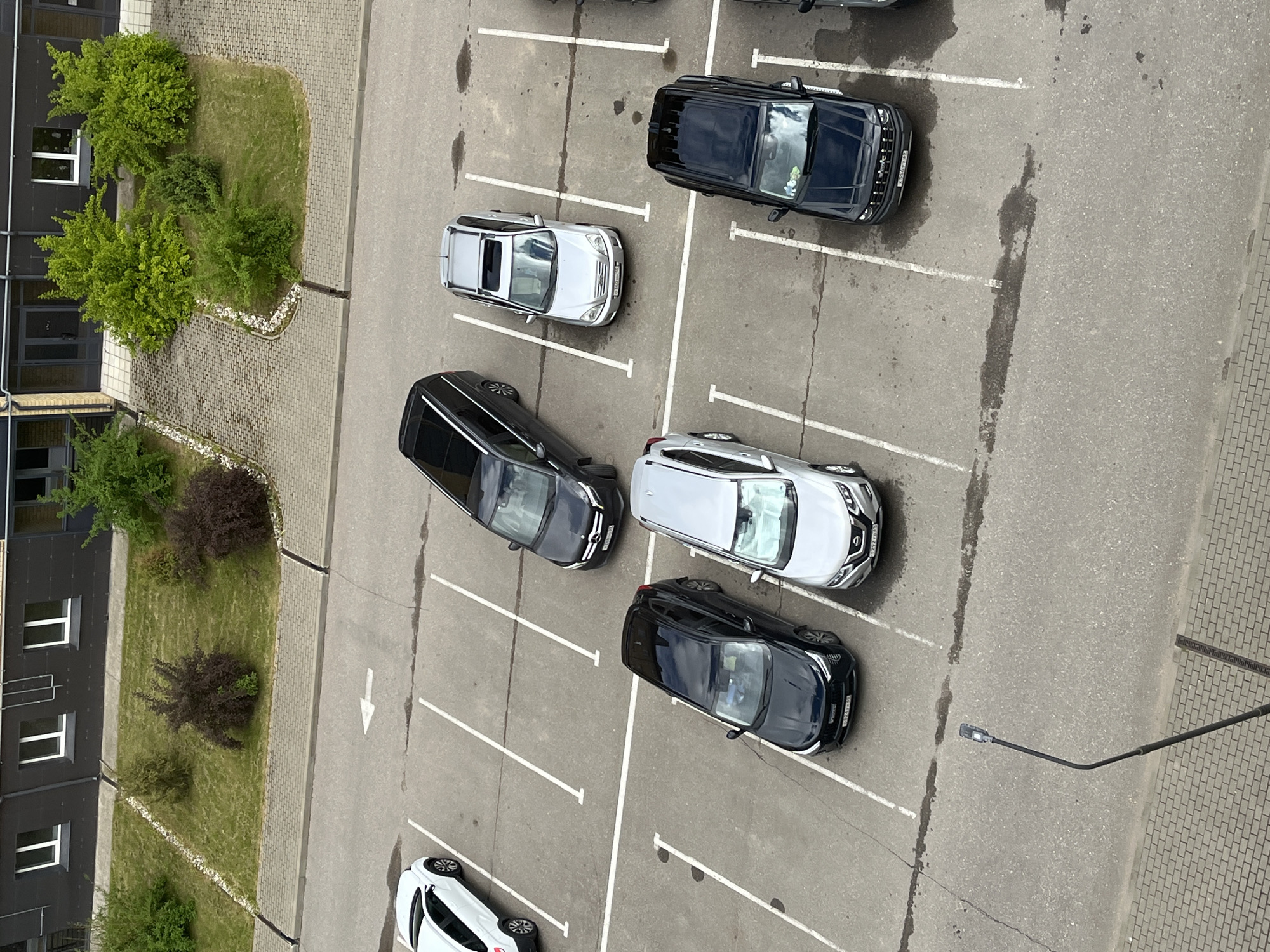 An aerial view depicts a parking lot adjacent to a building with greenery, located in Mokshino, Russia. Several parked cars are visible, including black, white, and silver vehicles, positioned within the painted parking spaces. A directional arrow is marked on the pavement. A light post extends from the edge of the parking lot. The building has windows and is surrounded by vegetation.