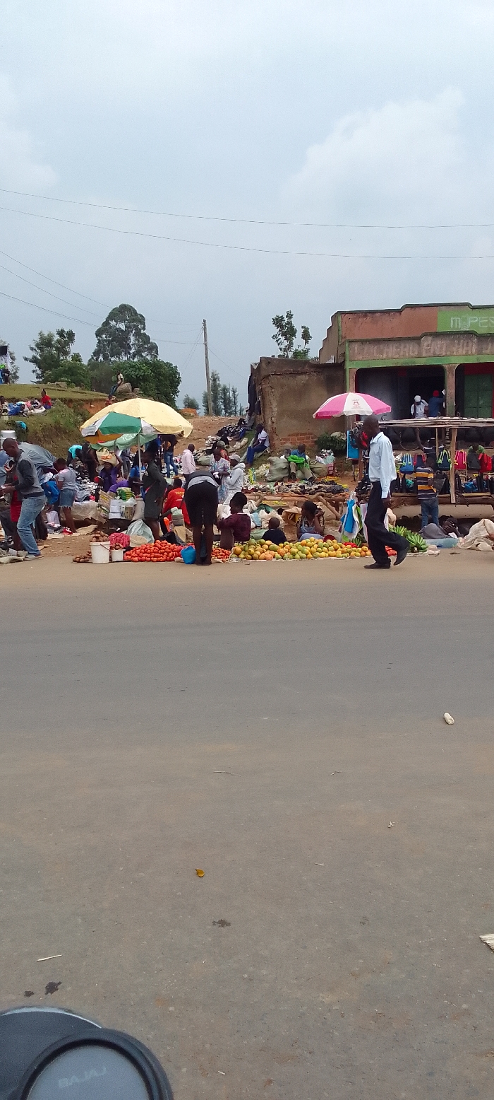 The image captures a lively open-air market scene in Kakunga, Kenya, bustling with people and activity under an overcast sky. The market is set up alongside a paved road, which occupies the foreground of the shot.
Numerous people are visible throughout the market area. Many are gathered around stalls, either selling or purchasing goods. Vendors are seen tending to their displays, while customers browse the offerings. One man in a light blue shirt and dark trousers walks across the road in the mid-ground, heading towards the right.
The market stalls predominantly feature fresh produce. Large piles of red tomatoes are clearly visible on the ground, alongside generous displays of yellow and orange fruits, likely oranges or mangoes. Other goods are piled in sacks and containers, indicating a variety of merchandise. Two umbrellas, one yellow and green, and another pink and white, provide shade for vendors and their wares.
In the background, a single-story building with a reddish-brown facade and green trim stands on the right, housing what appears to be a shop. Visible green text on this building reads "M-PESA," a popular mobile money service in Kenya, with less clear white text beneath it that seems to include "CHAI AND H...". To its left, another structure, possibly incomplete or dilapidated, is visible. Beyond the market, rolling hills covered with trees and sparse vegetation extend into the distance.
The sky is uniformly grey and overcast, suggesting a cloudy day with diffused light and no strong shadows. In the bottom left corner, part of a vehicle's dashboard or panel is visible, with the brand name "BAJAJ" clearly printed, indicating the photograph was likely taken from a motorcycle or similar vehicle. The overall atmosphere is busy and commercial, typical of a vibrant local market.