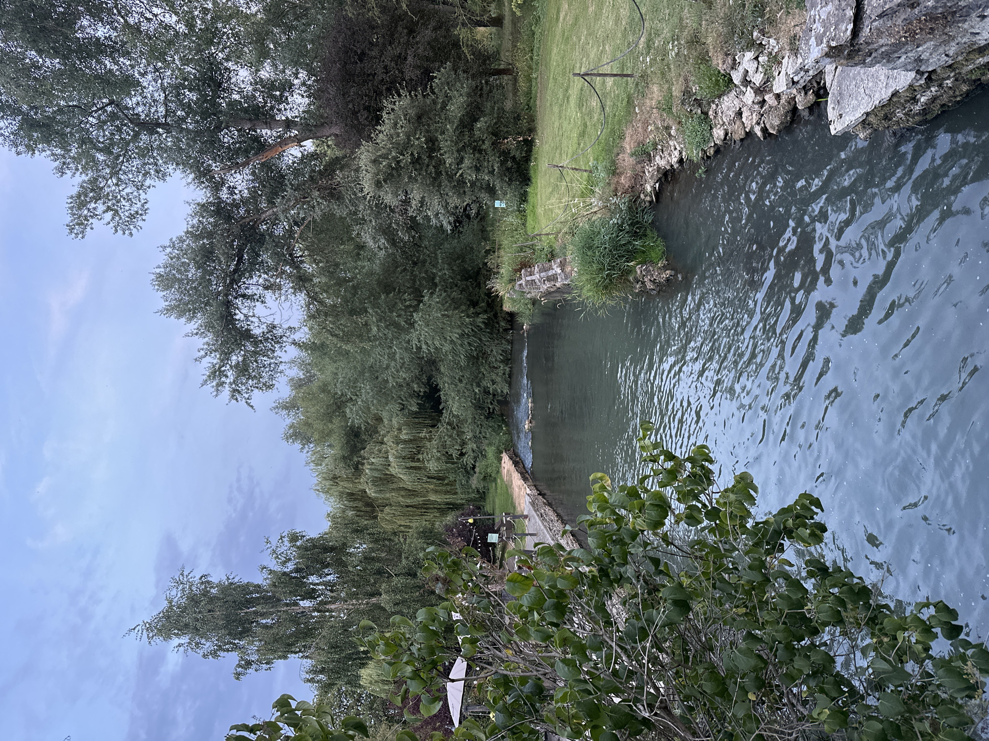 The image captures a tranquil river scene under a twilight sky. The river, with its dark, rippling water, flows towards the background, bordered by stone walls and lush vegetation. The left bank features a pathway lined with stone and metal railings, with a white umbrella and outdoor seating visible among trees and bushes. The right bank is a grassy area with a low rope fence and scattered rocks. Dense trees, including willows and other deciduous varieties, form a thick backdrop on both sides of the river, their branches reaching towards the pale, cloudy sky. Some of the trees are illuminated by string lights. The overall atmosphere is peaceful and natural, suggesting a park or a riverside garden setting.