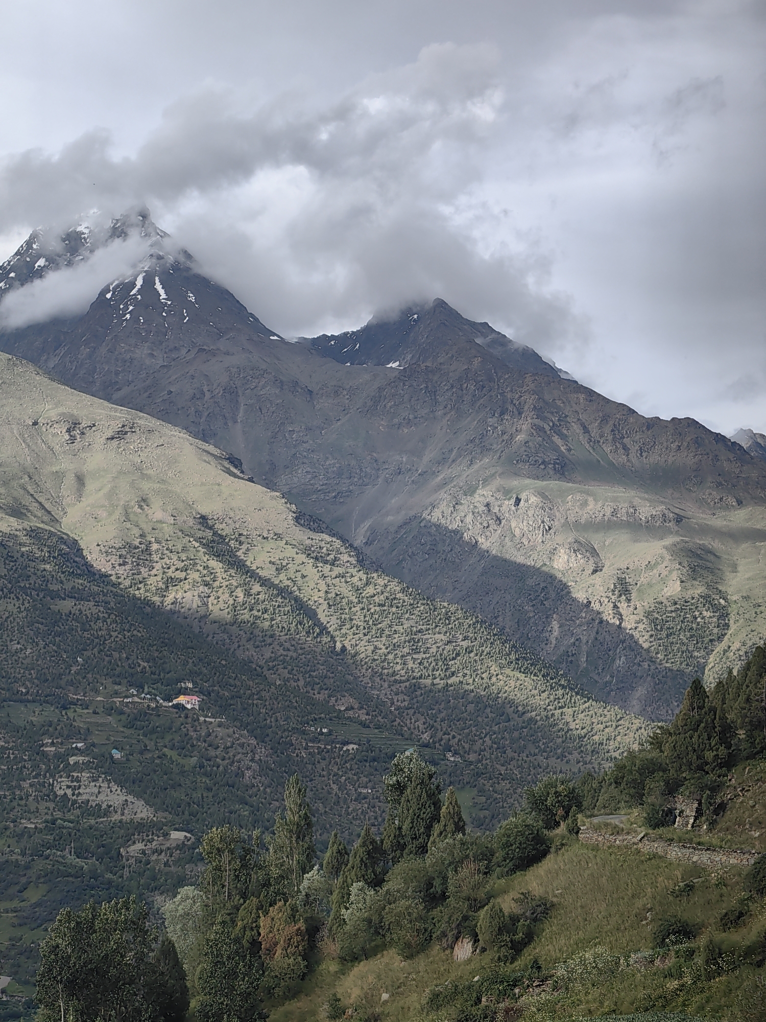 A scenic view of the mountains near Tandi, India, is captured under a cloudy sky. The foreground features a grassy slope with various trees, some tall and slender, others shorter and bushier. A stone wall runs along the edge of a path, which curves up the hillside. Further into the background, the mountains rise dramatically, their slopes covered in dense vegetation and dotted with trees. In the mid-ground, a cluster of buildings with red and yellow roofs is visible nestled among the trees on a hillside. The peaks of the mountains are partially obscured by thick, gray clouds, with patches of snow visible on the highest elevations. The overall impression is one of rugged natural beauty and remote habitation.