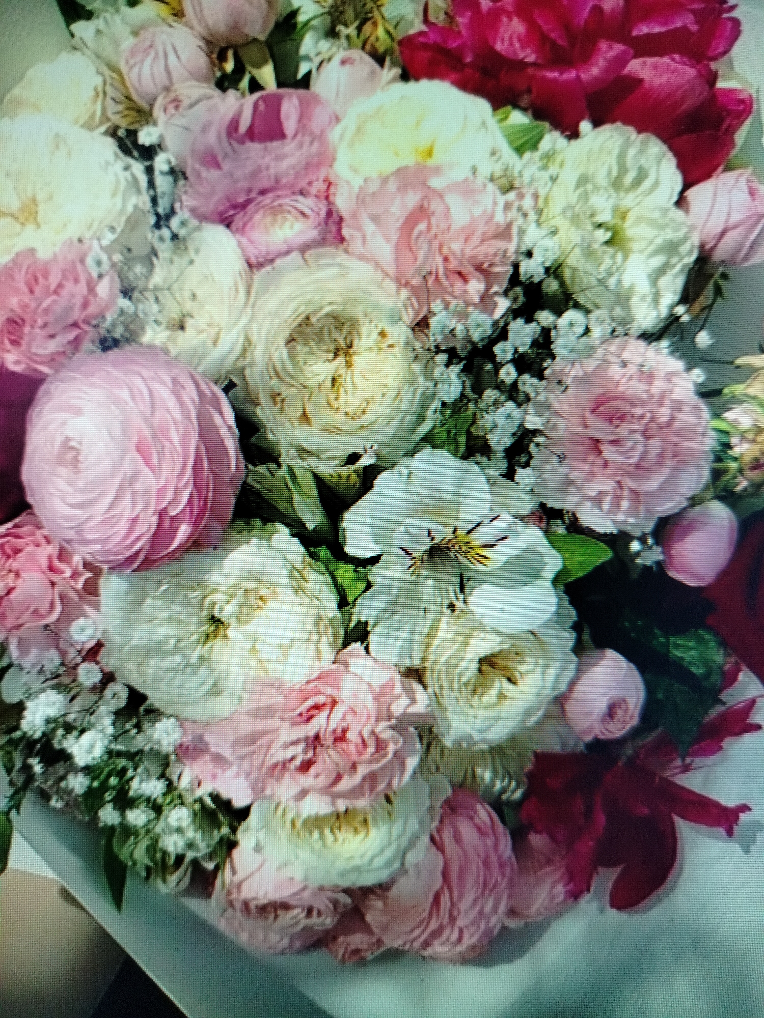A bouquet of assorted flowers is arranged in a white container. The bouquet includes large pink and cream-colored roses, smaller pink carnations, and delicate white baby's breath. Some deep red flowers, possibly roses or peonies, are also present. The flowers are densely packed and have a lush, full appearance. The image is a close-up shot of the bouquet. The location in Yashkino, Russia is not discernible from the image itself.