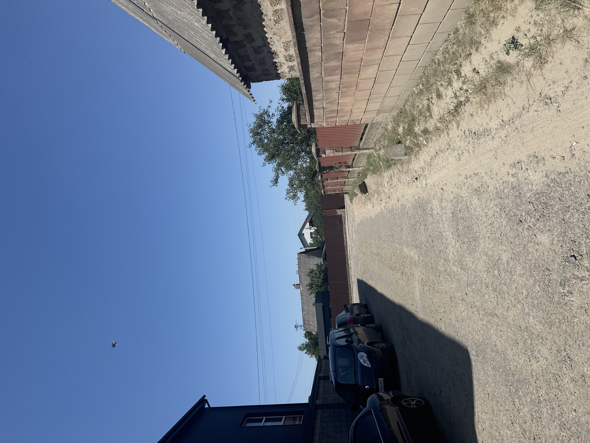 A sun-drenched, clear blue sky dominates the upper portion of the image, with a single bird in flight visible in the far left. Below, a gravel road stretches into the distance, flanked by a red metal fence and a substantial brick wall on the right. On the left side of the road, several parked cars are visible, including a dark colored van with a license plate that appears to read "3964HI". A dark building with a corrugated metal exterior is situated to the left of the cars. In the background, houses with tiled roofs and trees suggest a residential or semi-rural setting. The overall scene depicts a quiet, daytime view of a street or driveway in what appears to be a suburban or rural area, possibly in Sarny, Ukraine, given the context provided.