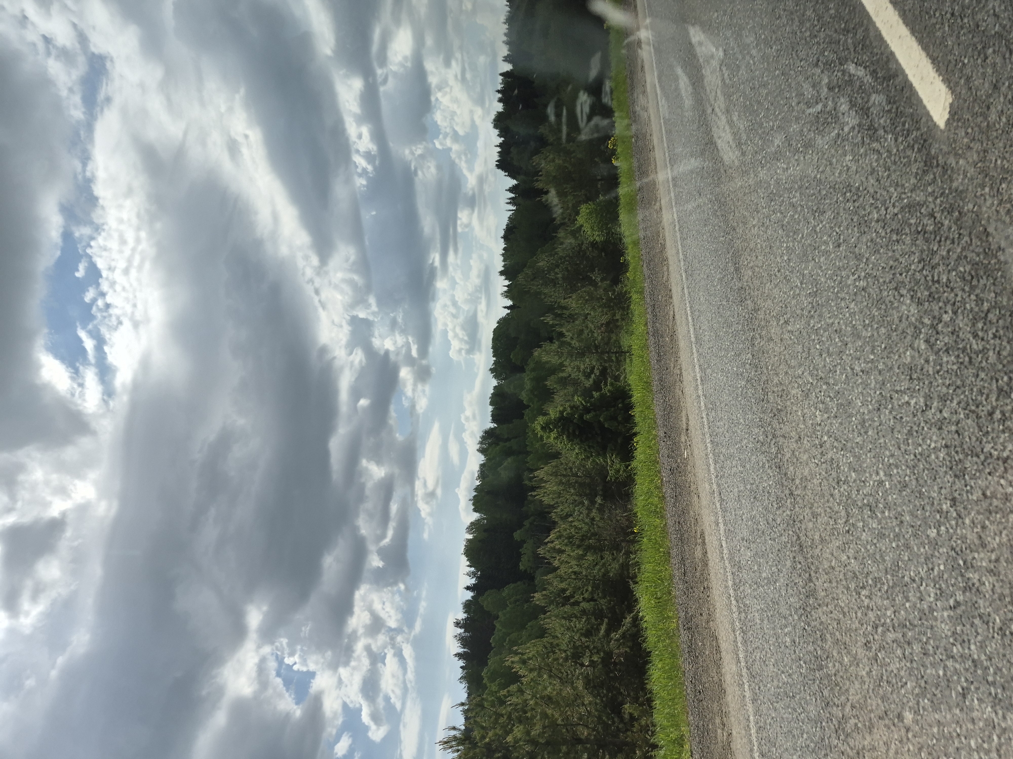The image shows a view from a car on a road, likely in a rural setting. The road is made of asphalt and has a white line marking the edge. Next to the road is green vegetation. On the other side of the vegetation is a dense line of trees. Above the trees is a sky filled with white and gray clouds, with patches of blue sky visible. The photo appears to have been taken through the car window and is slightly tilted. There is a reflection in the car window in the top right corner. There is no indication of the location being Chernovskoye, Russia.