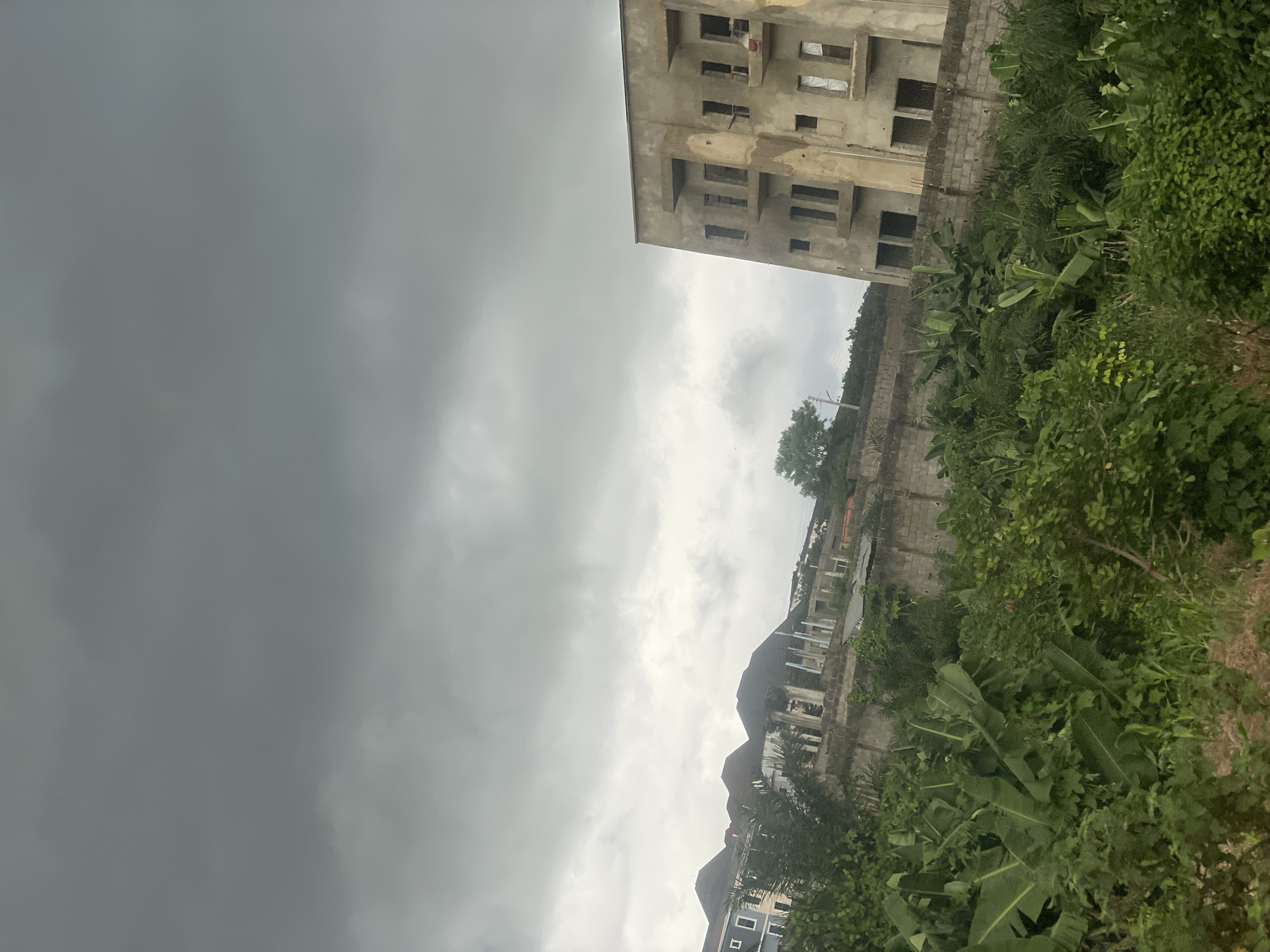 The image depicts an overcast sky over a residential area under construction in Abuja, Nigeria. In the foreground, lush green vegetation, including large banana leaves, dominates the scene. A grey concrete wall separates the vegetation from a construction site. Beyond the wall, unfinished buildings are visible, including a multi-story concrete structure with visible window openings and balconies. In the background, other buildings with dark roofs and some skeletal structures of incomplete buildings are scattered across a slightly hilly terrain. The overall atmosphere is somber due to the heavy cloud cover.
