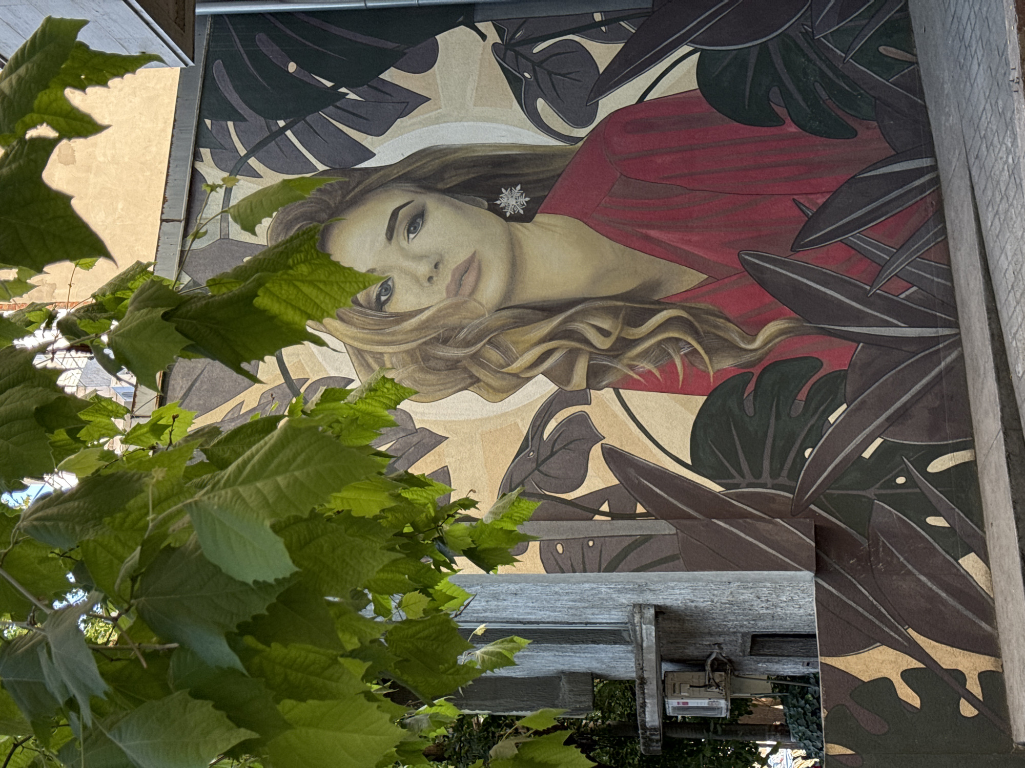 A mural depicting a woman with long, wavy blonde hair and a red top, lying down, is painted on a building wall. She is surrounded by large leaves in shades of brown and green. Part of a tree with green leaves obscures a portion of the mural. The mural is located in Vracar Urban Municipality, Serbia.