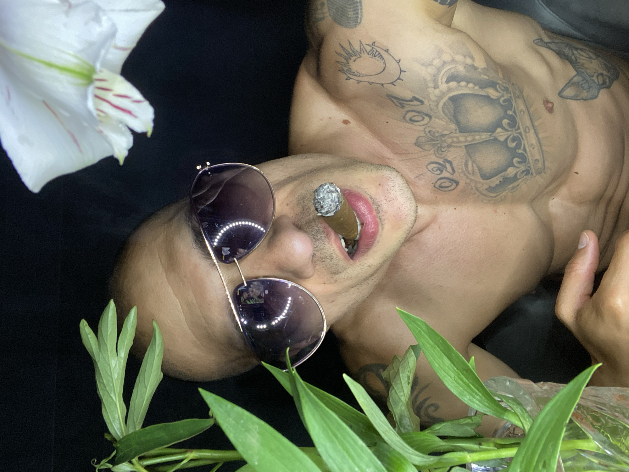 The image shows a man with sunglasses and a cigar in his mouth, with a plant and a white flower in the background. There are tattoos on his chest and shoulder. The setting appears to be indoors, with a black background. The location in Pleven, Bulgaria is not discernible from the image.