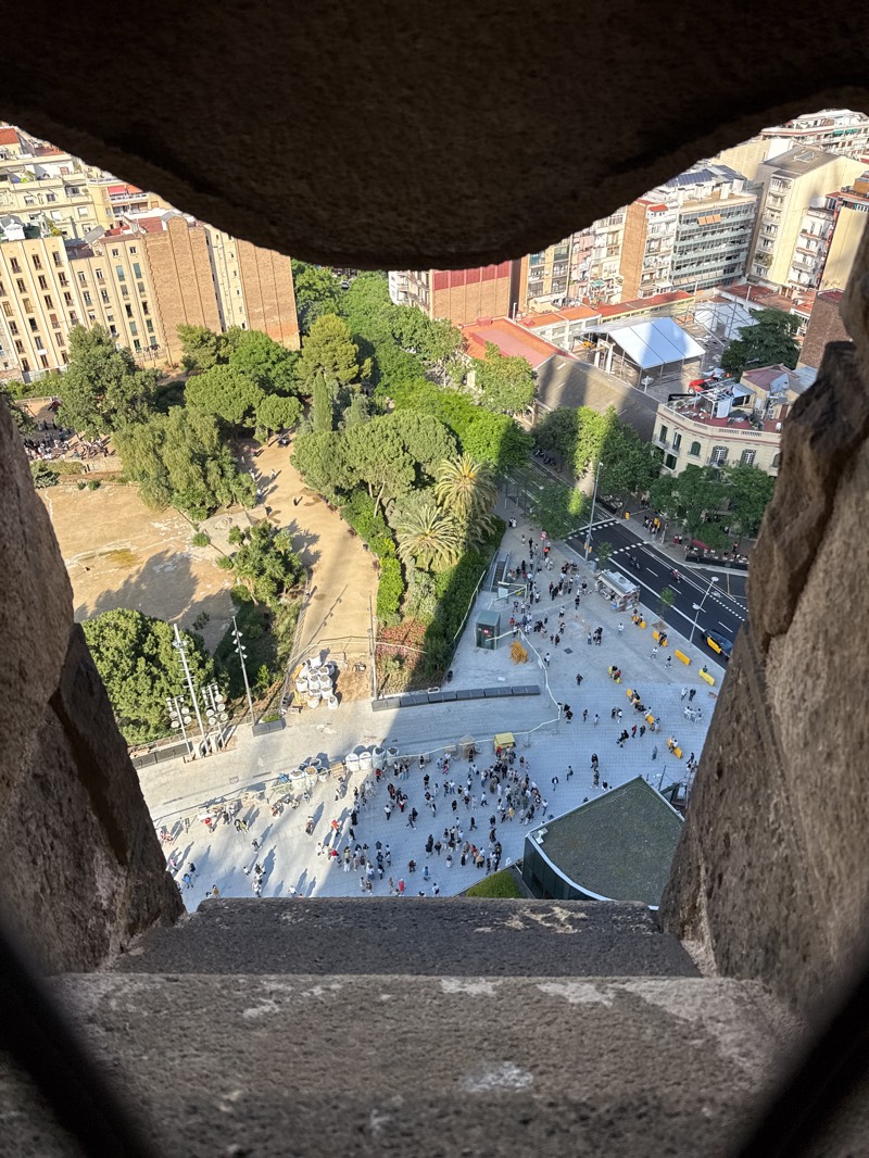 The image captures a high-angle view of a bustling urban environment, framed by a dark, rough-hewn stone architectural opening, suggesting the perspective is from a window or overlook of a tall stone structure. The foreground shows the textured, uneven stone framing the scene, with a solid stone ledge at the bottom.
Below, a wide, paved public plaza is densely populated with a large crowd of people. Individuals are seen walking, standing, and interacting across the square. Long, distinct shadows are cast by the people and other objects on the ground, indicating bright, direct sunlight. To the left, a vibrant green park area features numerous trees, including several palm trees, and dirt paths where a few more individuals are visible.
In the mid-ground and background, various urban buildings rise, showcasing different architectural styles, some with balconies and red-tiled roofs. A street with vehicle traffic, including at least one yellow taxi, is visible towards the right. The overall scene depicts a lively city square adjacent to a park.
The time of day appears to be late afternoon or early morning due to the prominent, elongated shadows. The weather is clear and sunny. The architectural framing suggests the viewpoint is from a significant height within a grand stone building, overlooking a popular public space. No discernible text is visible on signs or objects from this distance.