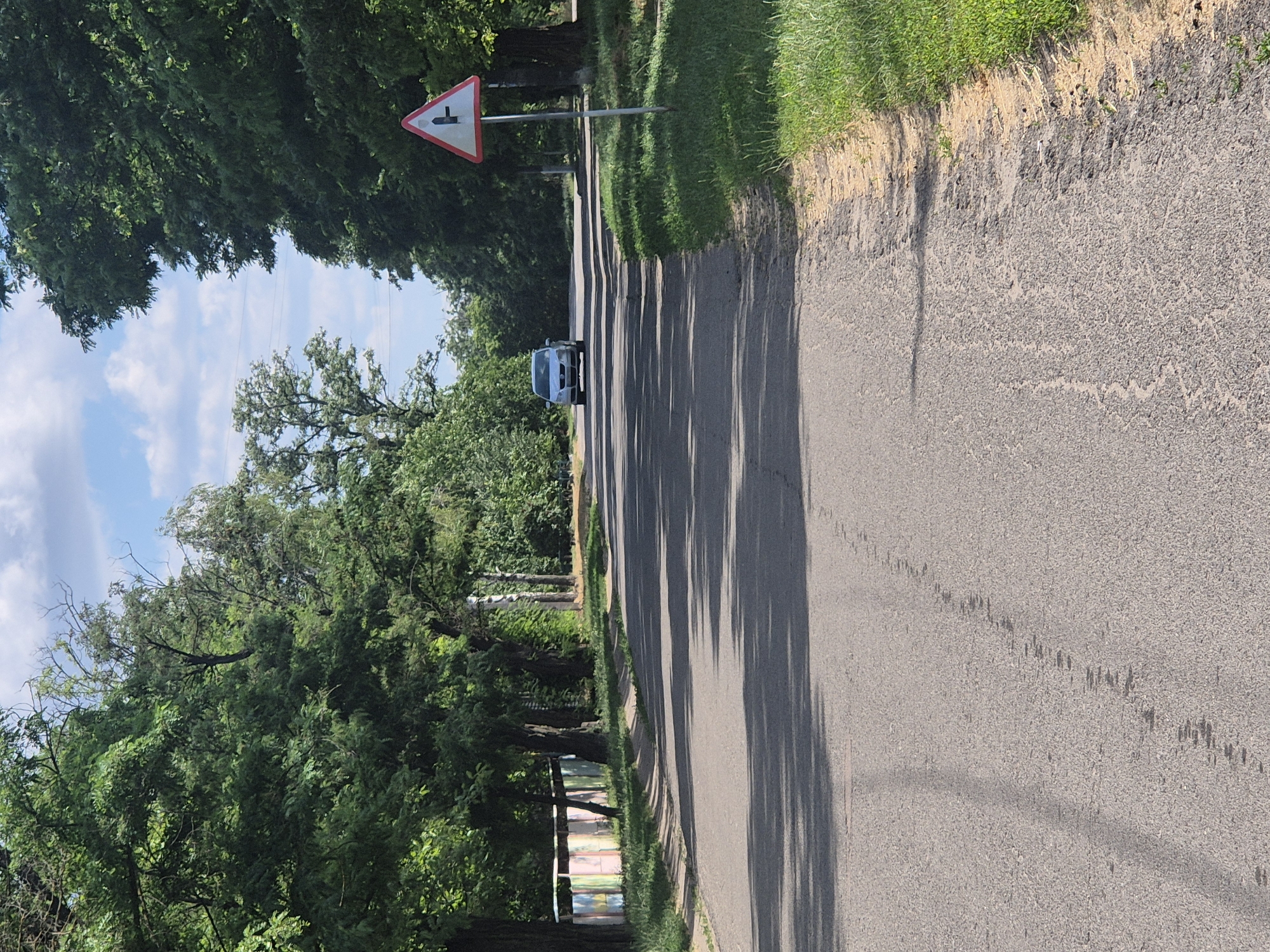 The image shows a paved road in Sozonivka, Ukraine, bordered by lush green trees on both sides. The road is empty except for a silver car visible in the distance, approaching the viewer. On the right side of the road, a triangular warning sign with a black symbol indicating a T-junction is mounted on a pole. The sky is partly cloudy, with patches of blue visible. The overall scene depicts a quiet, rural road on a sunny day.