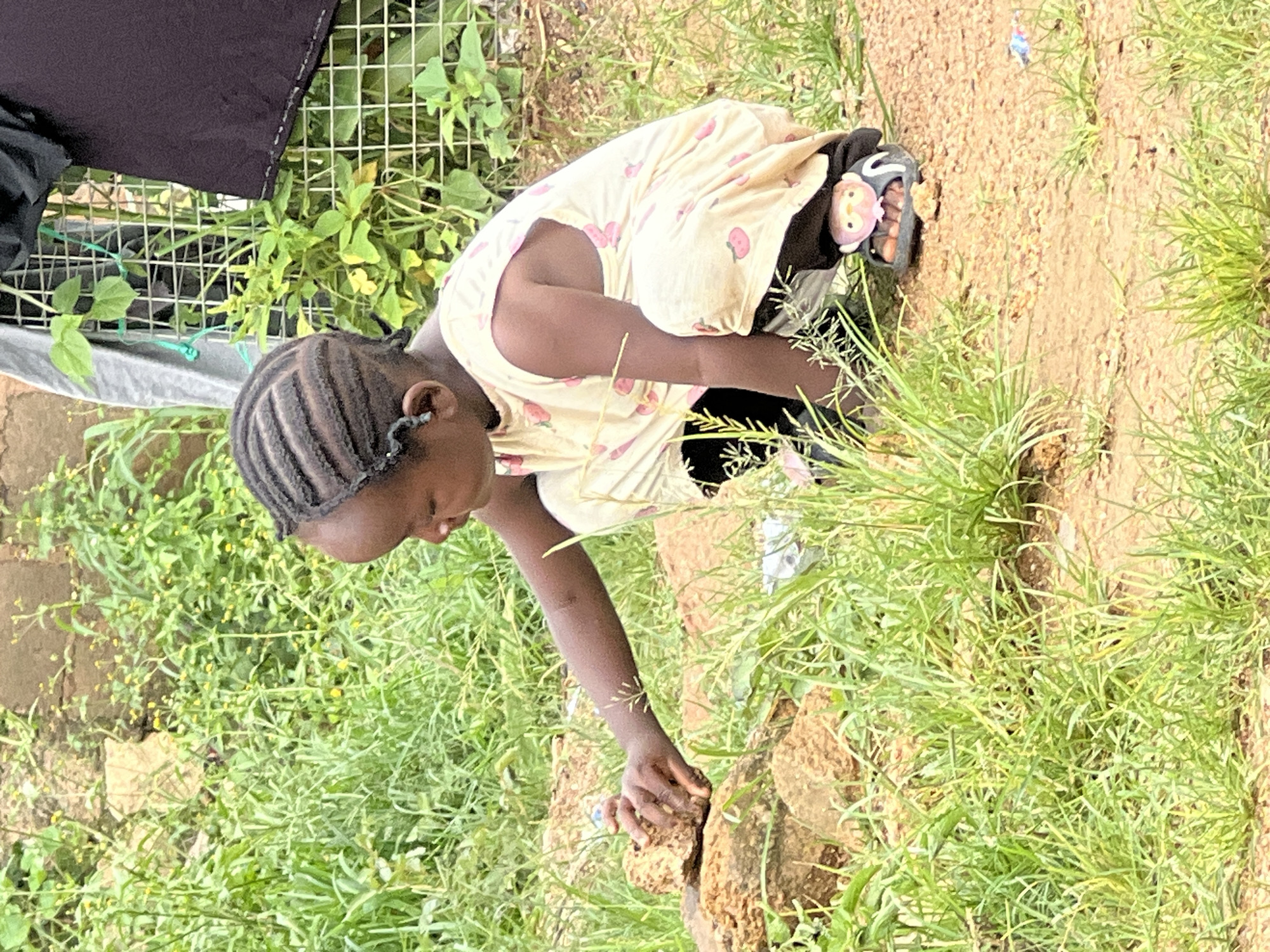 A young child with braided hair is crouching in a dirt and grassy area, reaching out to touch some rocks. The child is wearing a light-colored dress with a strawberry pattern and dark pants. Their feet are clad in sandals, one of which has a pink owl-like embellishment. In the background, a wire mesh fence is visible with some dark fabric hanging over it and green foliage peeking through. This scene appears to be in a residential or semi-rural setting in Jos, Nigeria, as suggested by the natural elements and the type of fencing.