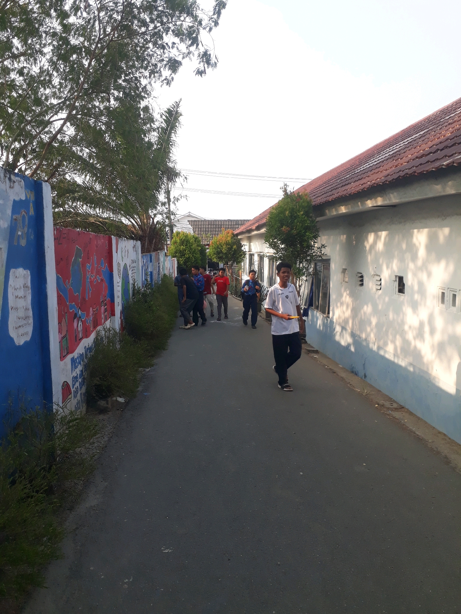 In Pangkalpinang, Indonesia, an outdoor scene depicts an asphalt road flanked by a long, vibrantly painted mural on the left and a white building with a red tile roof on the right. The mural, featuring various colorful drawings and text, covers the side of a wall that extends into the distance. A line of small, green bushes runs along the base of the mural. On the right side of the road, the building has several windows and appears to be a residential or school structure. The sky is bright and clear, suggesting daytime.
Several individuals, appearing to be young males, are visible on the road. In the foreground, a young male wearing a white t-shirt and black pants walks towards the viewer, holding a yellow object, possibly a frisbee, in his right hand. Behind him, further down the road, a group of about five young males are walking away from the viewer, some in casual clothing and others in what might be school uniforms. They are walking in the same direction. The overall impression is a casual, everyday scene in a community setting.
