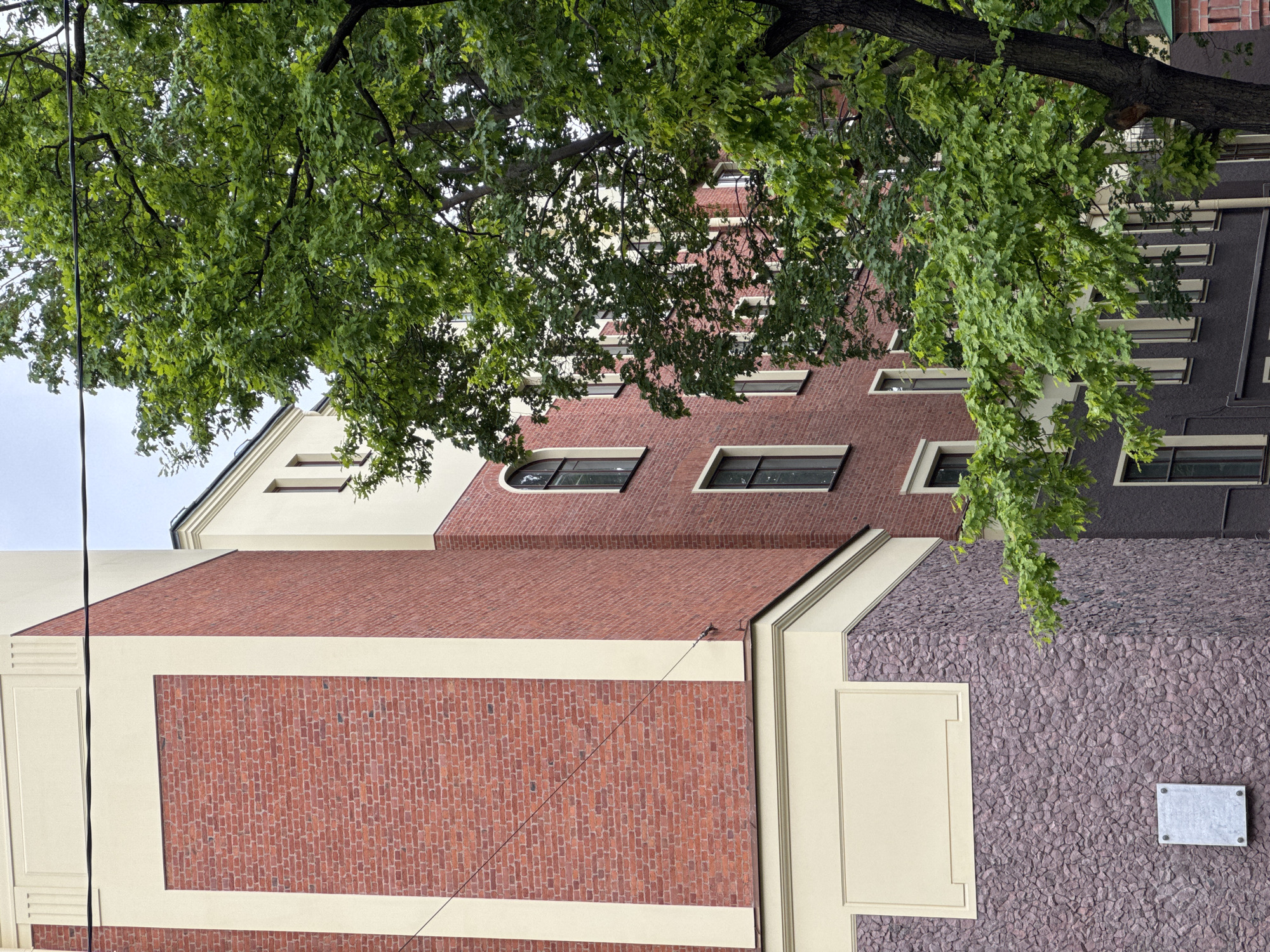 A slightly rotated, eye-level, outdoor shot reveals a multi-story building with a tree obscuring some of it, likely situated in Saint Petersburg, Russia. The building's facade presents a mix of materials and colors. One section exhibits red brickwork framed by light beige trim, while another part has a rough, purple-gray stone texture.
The building features windows with dark frames, some of which are rectangular, and others arched. A small, light-colored plaque is visible on the stone-textured section. Above, a large tree with dense green foliage partly covers the building's upper stories and roof. The sky appears overcast. Wires are visible. The picture is shot in portrait format.
