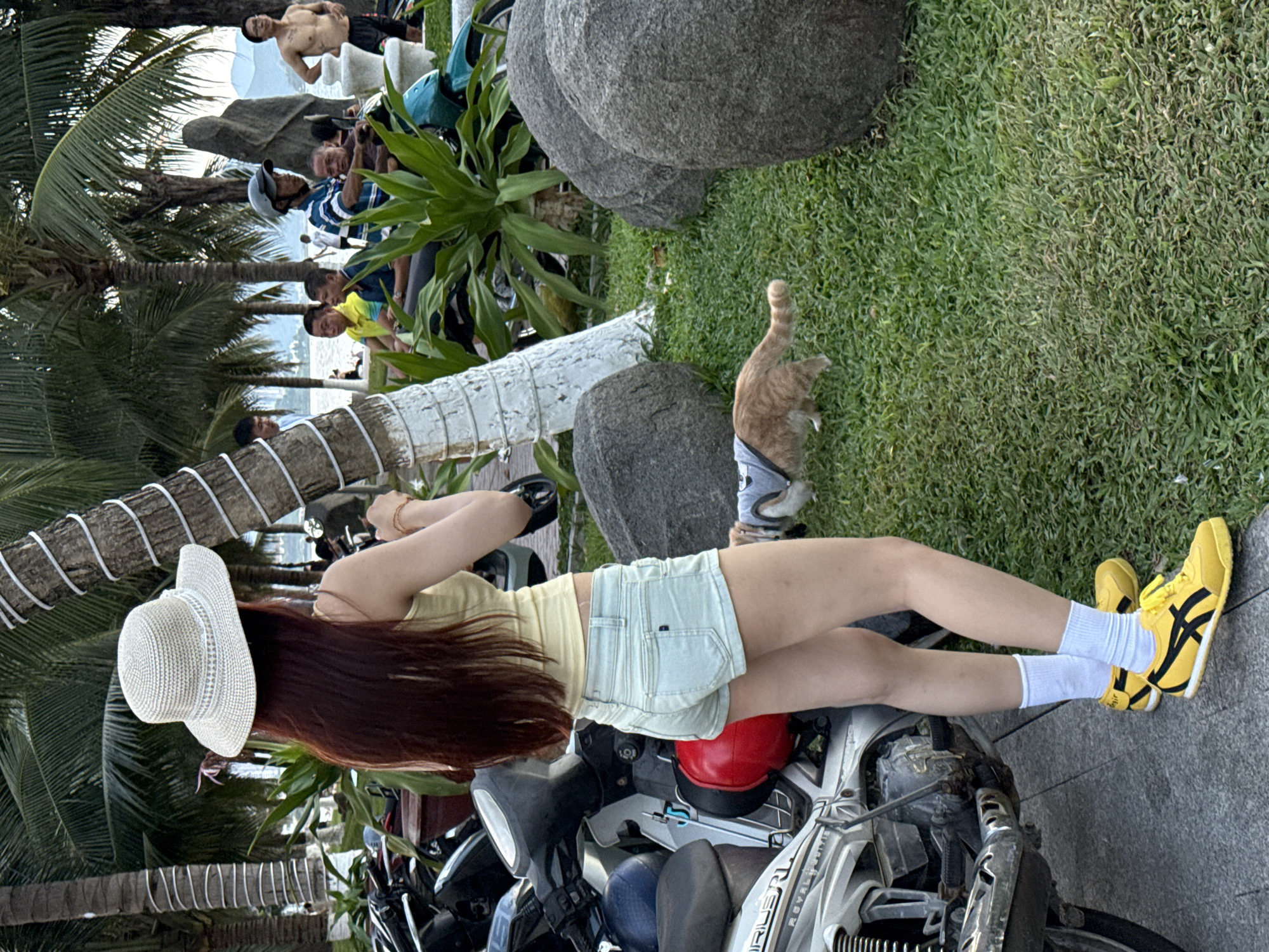 A woman wearing a light-colored straw hat, a yellow tank top, and light blue denim shorts stands next to a motorcycle on a grassy area with palm trees and large rocks. She has long, dark red hair and is wearing white socks with yellow athletic shoes. To her right, a ginger cat wearing a grey vest walks across the grass. In the background, several men are visible, some sitting on a motorcycle and others standing. The environment appears to be a public area near a body of water, possibly a beach, in Nha Trang Ward, Vietnam, suggested by the palm trees and the presence of a beach-like setting.