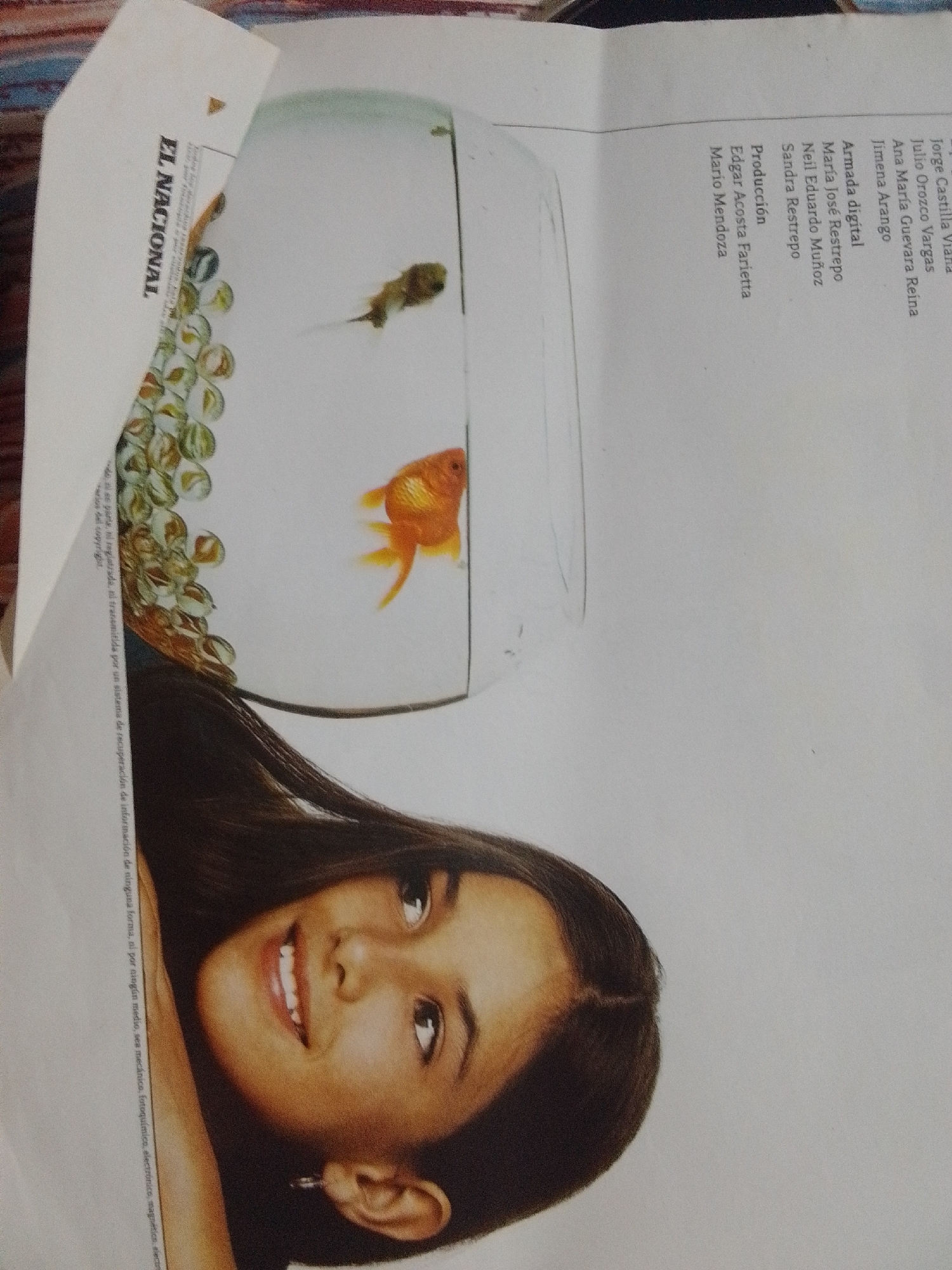 The image shows a page from a publication, likely a newspaper or magazine, with text and images. The main visual elements are a close-up of a young woman's face, her head tilted to the side, and an image of a goldfish in a bowl. The woman has dark hair and is smiling, with her mouth open. She is wearing a small hoop earring. The goldfish bowl contains several colorful glass marbles.
The text visible on the page appears to be a list of names, possibly credits or staff. Some of the names include "Jorge Castilla Viana," "Julio Orozco Vargas," "Ana María Guevara Reina," "Jimena Arango," "Armada digital," "María José Restrepo," "Neil Eduardo Muñoz," "Sandra Restrepo," "Producción," "Edgar Acosta Farietta," and "Mario Mendoza." There is also text that appears to be a copyright or usage disclaimer, stating that the content cannot be reproduced or transmitted in any form or by any means, whether mechanical, photochemical, electronic, magnetic, etc.
The publication itself has "EL NACIONAL" printed vertically on the left side of the page, which is a well-known Venezuelan newspaper. This detail strongly suggests the image originates from Venezuela. However, the specific location within the city of La Tagua, Venezuela, cannot be determined from the visual information provided in the image. The image is a close-up and does not depict any broader environmental context that would allow for such a specific geographical pinpointing.