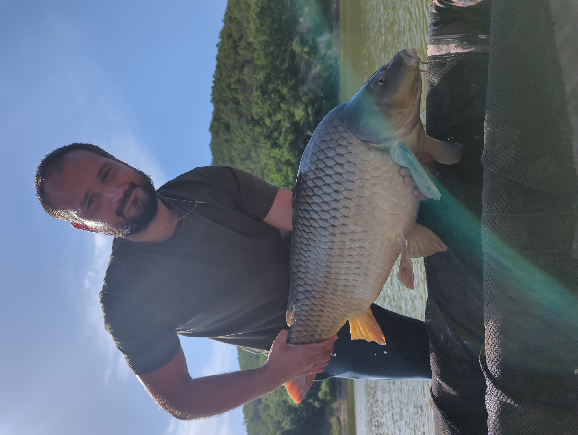 A man with a beard holds a large carp near a body of water and trees, under a blue sky. The location is likely near Slavovitsa, Bulgaria. The man wears a dark green t-shirt. The carp is light brown with yellow fins and scales. The background includes a lake and green trees. A dark mesh is present to the right.