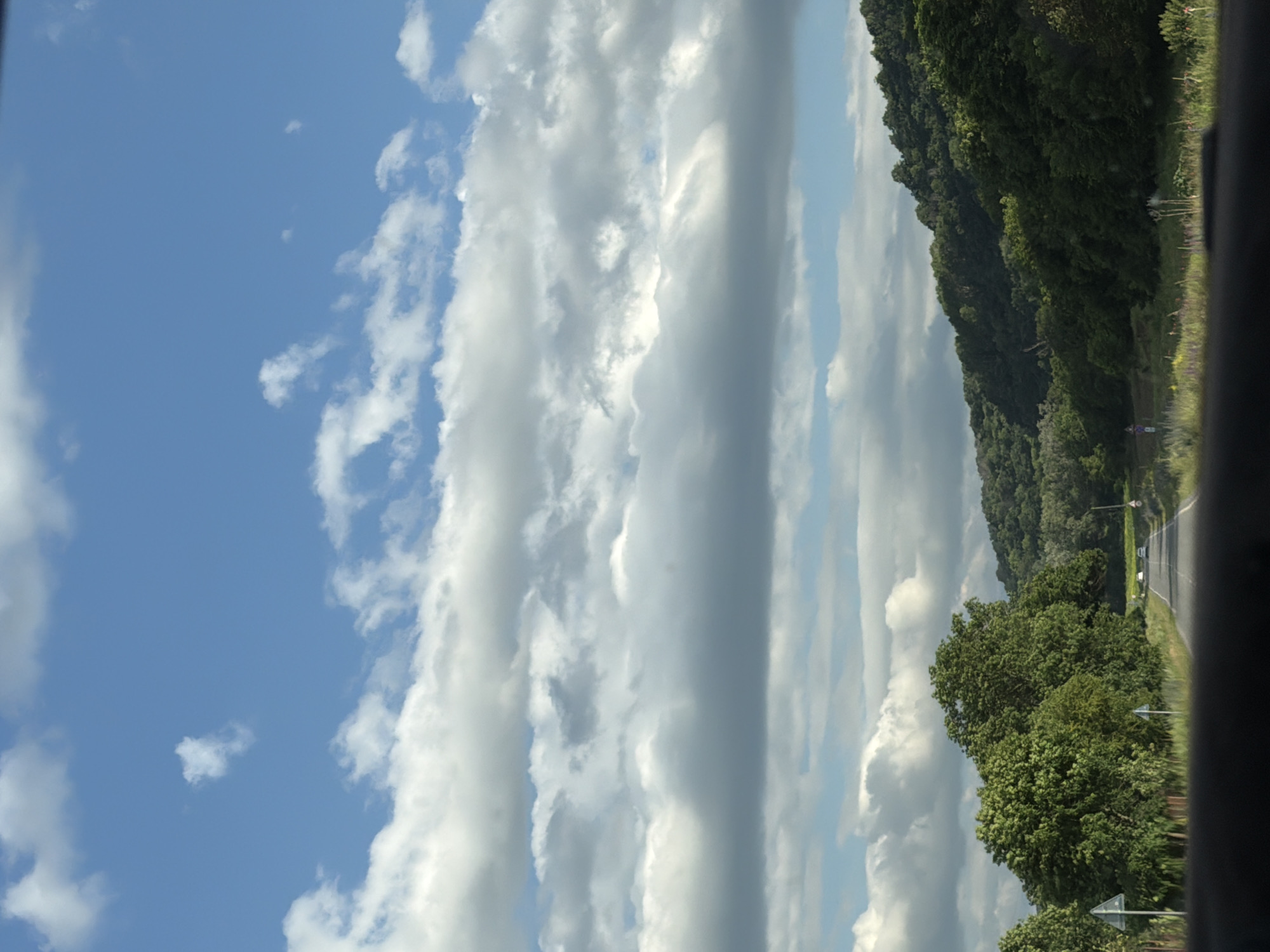 This is a photograph taken from a vehicle, looking out at a rural landscape. The image is oriented vertically, with the sky occupying the left half of the frame and a tree-covered hillside and a road on the right.

The sky is a vibrant blue, dotted with large, fluffy white clouds, some of which are casting shadows. The clouds appear to be either cumulonimbus or stratocumulus, suggesting a partly cloudy day with some potential for weather changes.

The right side of the image features a dense, green forest that covers a hillside. The trees are lush and full, indicating it is likely summer or early autumn. A narrow, asphalt road is visible winding through the landscape, with a few small white signs along its edge. A distant white vehicle is seen on the road, suggesting it is open to traffic. There are a couple of small figures, possibly people, visible on the side of the road near the trees in the lower right quadrant.

The overall impression is one of a scenic drive through a natural environment. The lighting suggests it is daytime, likely late morning or afternoon. The presence of the road and vehicle implies a journey or travel. The weather appears to be pleasant, with a mix of sun and clouds. The location context of "Новая Джегута, Russia" places this scene in a rural, possibly mountainous or hilly region of Russia. There is no visible text in the image.