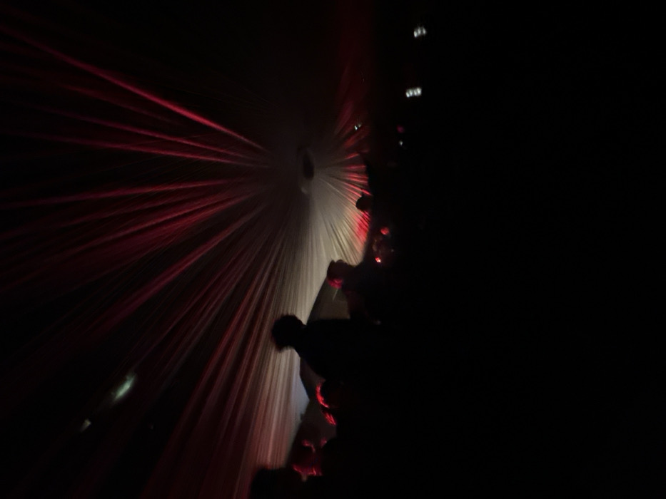 An indoor scene depicts a dense crowd of individuals observed in silhouette against a dark environment. Overhead, numerous red laser beams emanate from a central point, projecting in a radial pattern across a light-colored, draped ceiling structure. The beams create a dramatic visual effect, contrasting with the surrounding darkness. The lower portion of the frame is largely obscured by shadow, rendering the specific attire and features of the attendees indistinguishable. Several indistinct white points of light are present in the lower right quadrant, possibly originating from electronic devices or reflections. No specific actions or interactions among the individuals are discernible within this nocturnal gathering. The exact location within Paris, France, cannot be determined from the visual evidence presented.