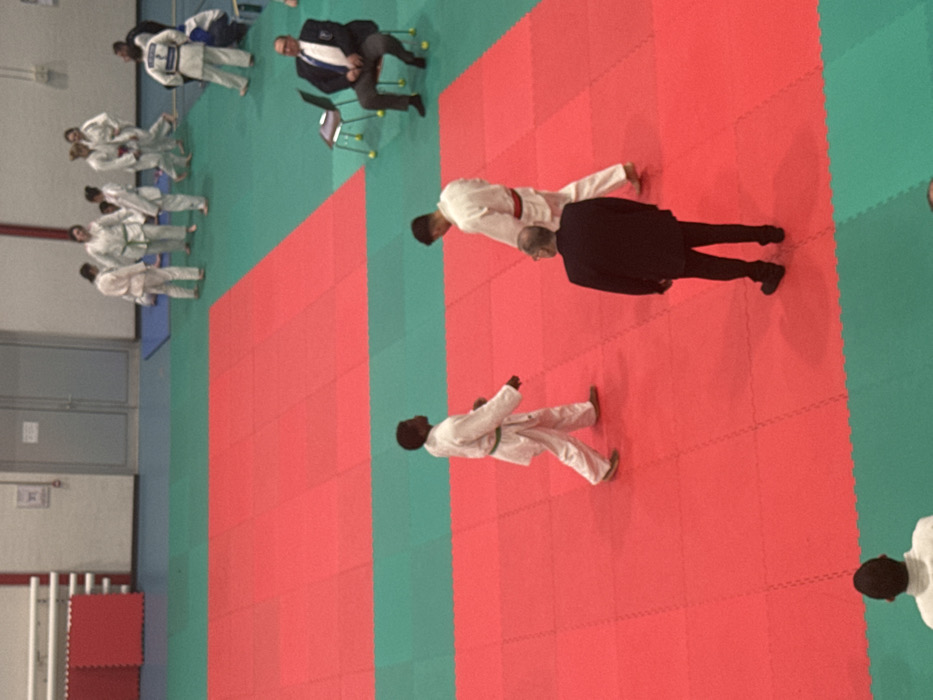 An overhead view captures a martial arts event occurring within an indoor facility in Brumath, France. The primary surface consists of a large, interlocking mat system featuring alternating red and green sections.
In the mid-ground, on a red mat section, two male individuals in white judogi stand facing each other; one wears a green belt and the other a red belt. A male official, dressed in a dark suit, stands between them with his back to the viewer. Partially visible in the bottom center, another individual in a white judogi is on an adjacent green mat section, also facing away from the viewer.
To the upper right, on a green mat area, approximately eight individuals in white judogi are congregated, standing and moving casually. Further right, a male official in a dark suit is seated on a black portable chair equipped with yellow foot caps. Another empty chair is positioned next to him.
The background reveals light-colored walls, double doors, and a red crash mat section against the left wall. The overall environment appears to be a gymnasium or training hall.