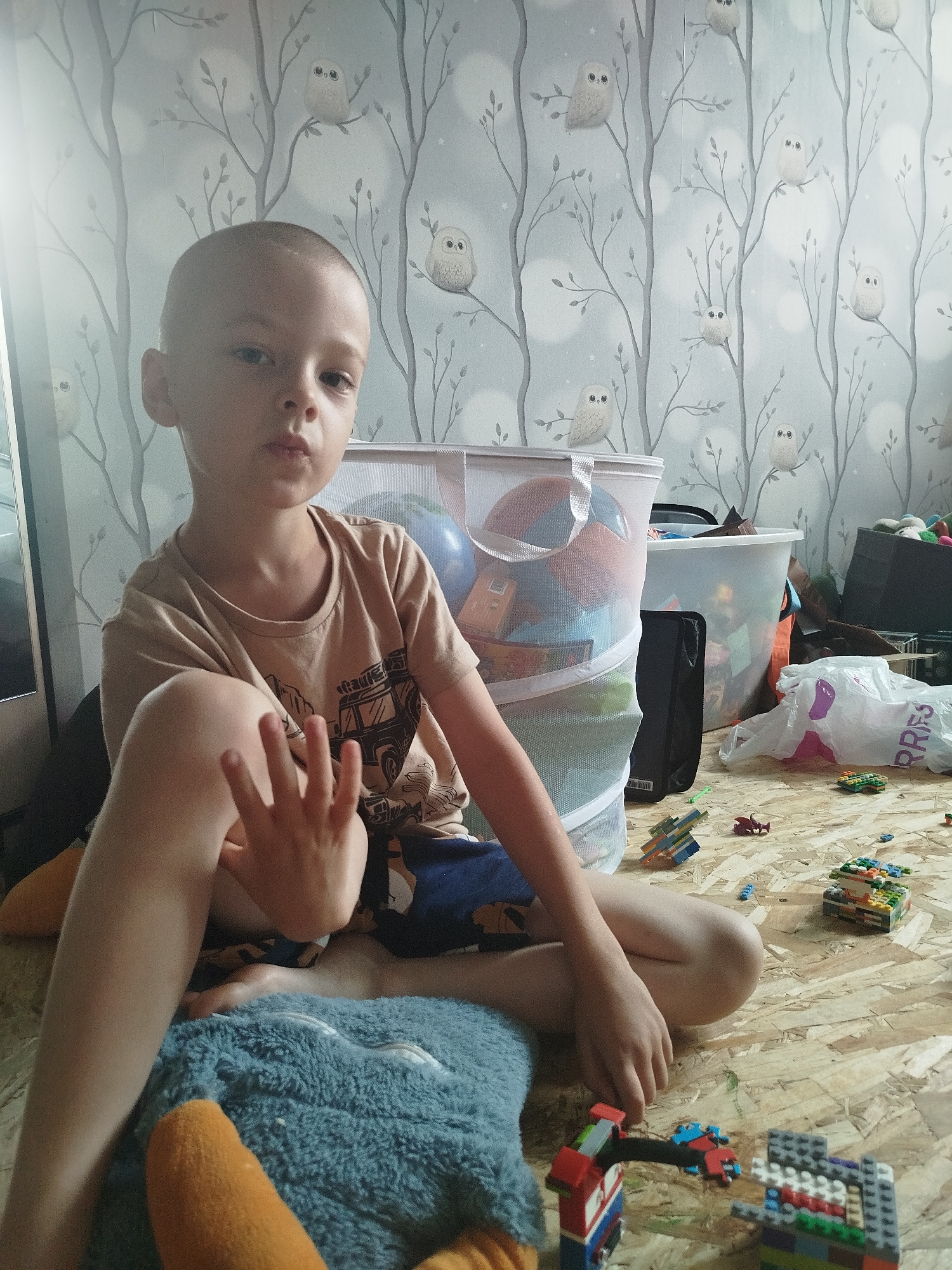 In an indoor scene, a young boy with a shaved head sits on a light-colored wooden floor, facing forward. He is wearing a tan t-shirt with a graphic of a vehicle. His left leg is bent, and his right leg is extended. His left hand is raised in front of his chest. The floor is covered with various toys, including Lego bricks, small toy vehicles, and other colorful plastic pieces. To his right, there is a white mesh laundry hamper filled with toys, and a white plastic storage bin. In the background, a wall is covered with light blue wallpaper featuring a pattern of stylized trees with white owls perched on branches. The lighting appears to be natural, coming from the left side of the frame. The overall impression is of a child playing in a room filled with toys.